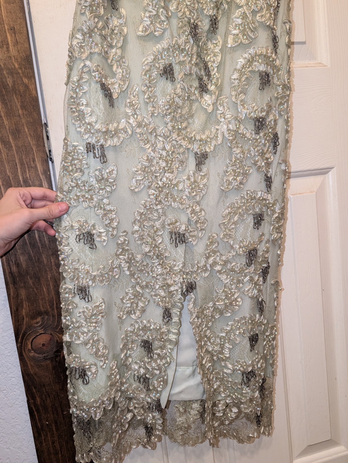 Vintage Handmade Green Beaded Evening Gown Size 0 w/ Coat Fur Accessories AS IS