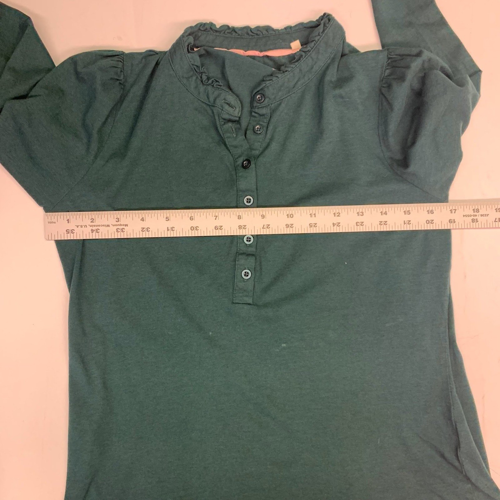 Boden Womens Forest Green Ruffled Henley Top Long Sleeve Puff Shoulder Size US 8
