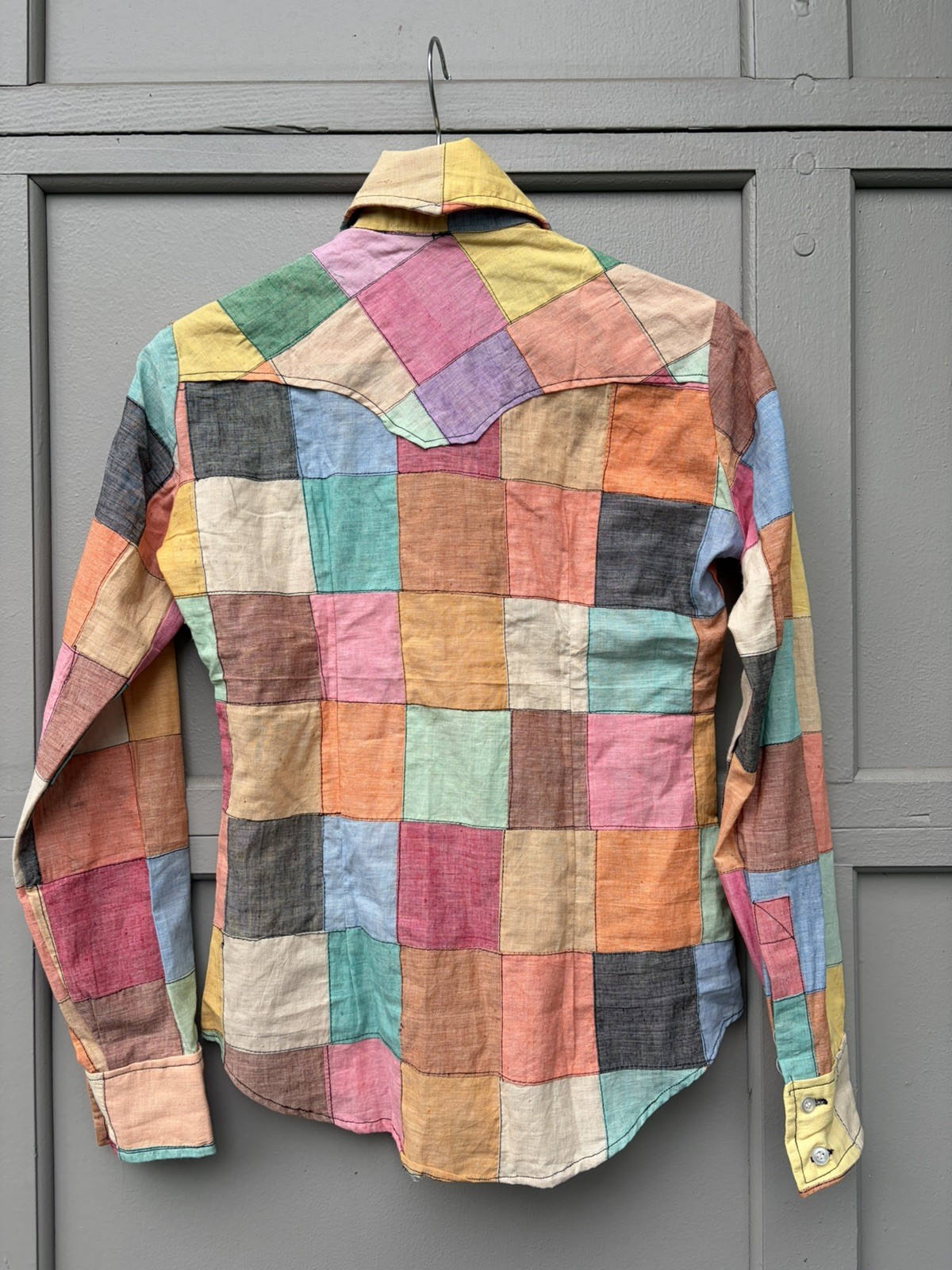 Vintage 70s Glam Rock Patchwork Shirt Hippie Bohemian Colorful Cotton M