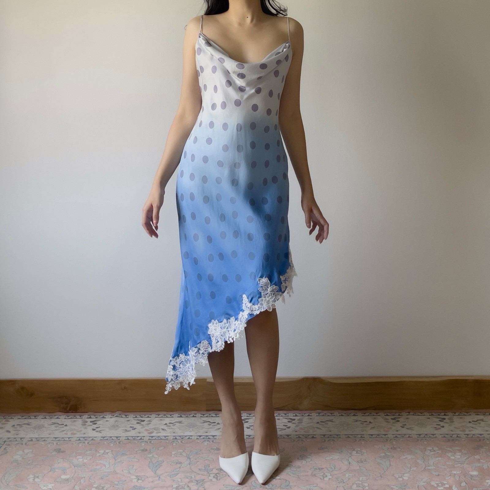 Vintage Pale Lavender & Hand-Dyed Blue Silk Polka Dot Slip Dress (S–M)