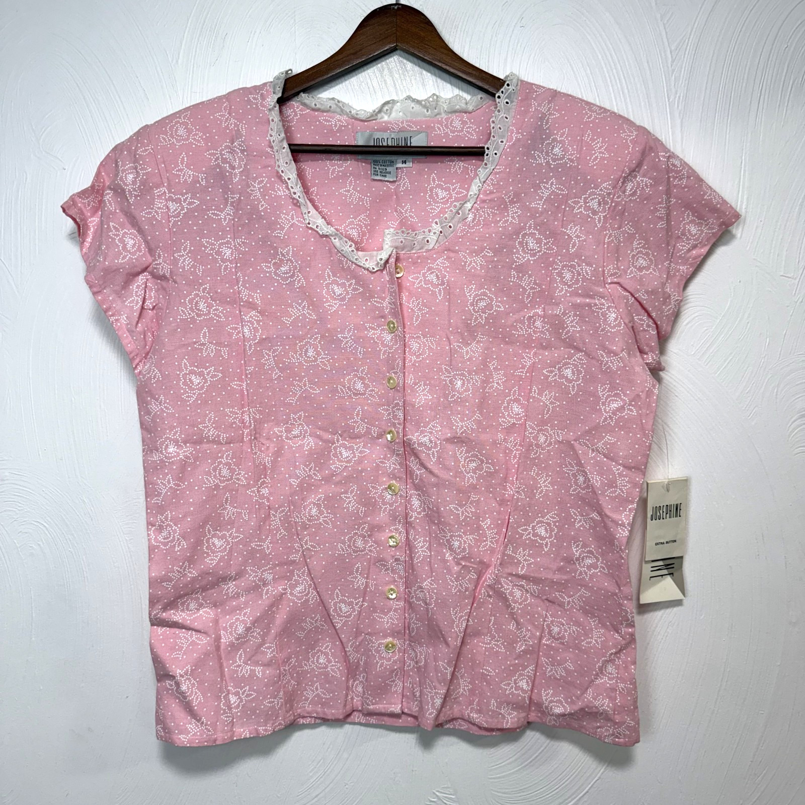 Vintage NWT Josephine Pink Short Sleeve Button Up Sleepwear Blouse Top Size 14