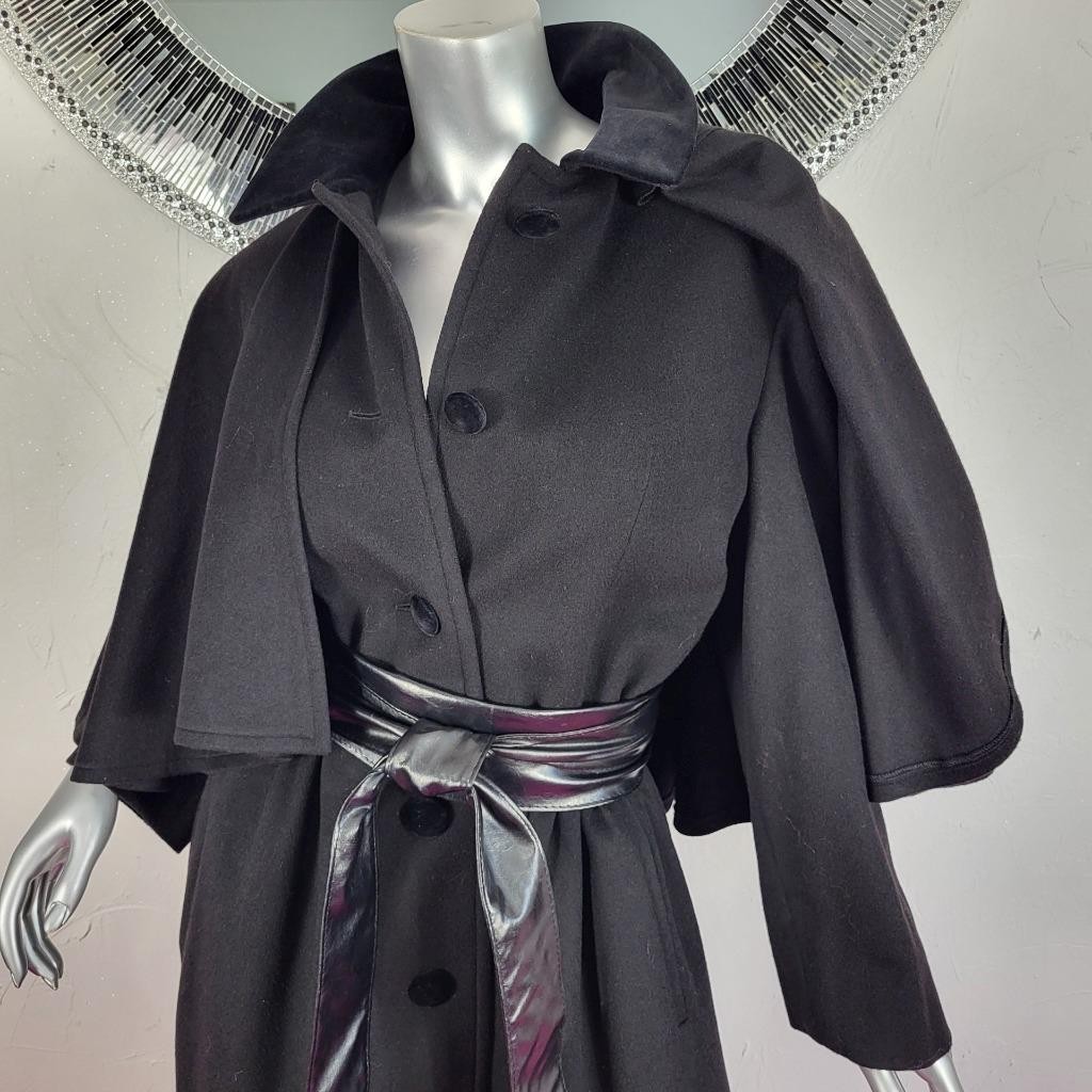 CLAUTE COUTURE~38/S/M~VINTAGE BLACK WOOL VELVET FULL LENGTH CAPE COAT TRENCH
