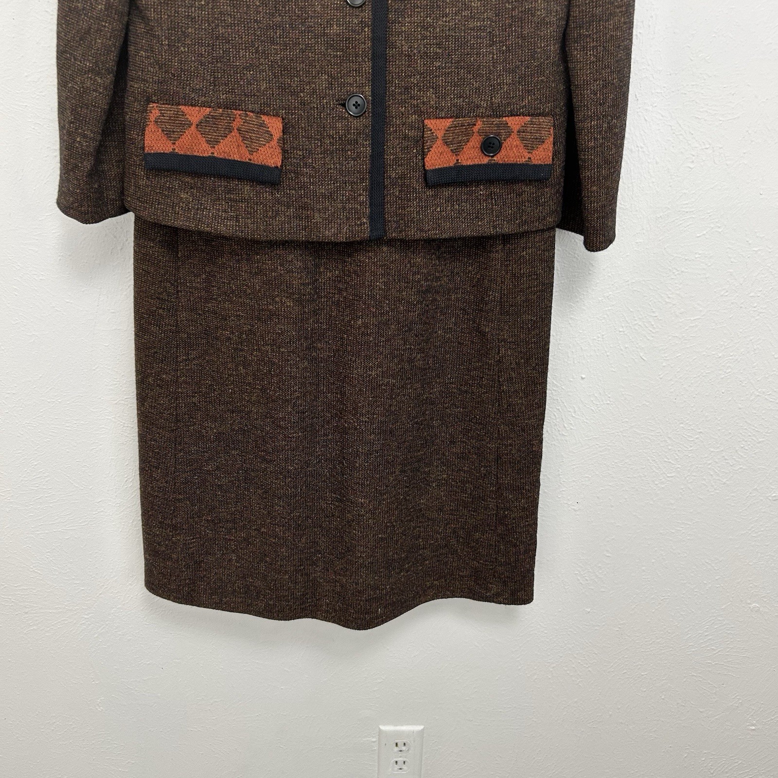 VTG Alper Schwartz M/L Brown Orange Wool Tweed Suit Dress Jacket 2-Pc 1960s/70s
