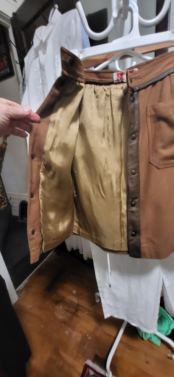 Vintage 1960&rsquo;s ? Americo Brown Wool & Faux Leather Trim Snap Down Skirt IT 42
