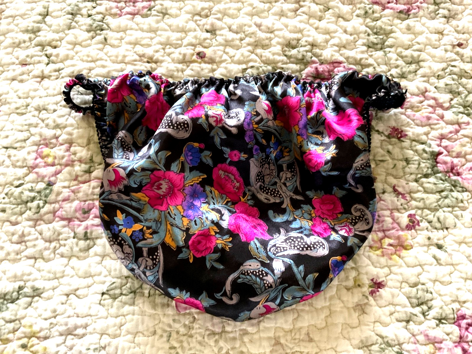 Shiny Vintage PANTIES Rose SATIN String Bikini BRIEF Silky BOW Floral Print S/5