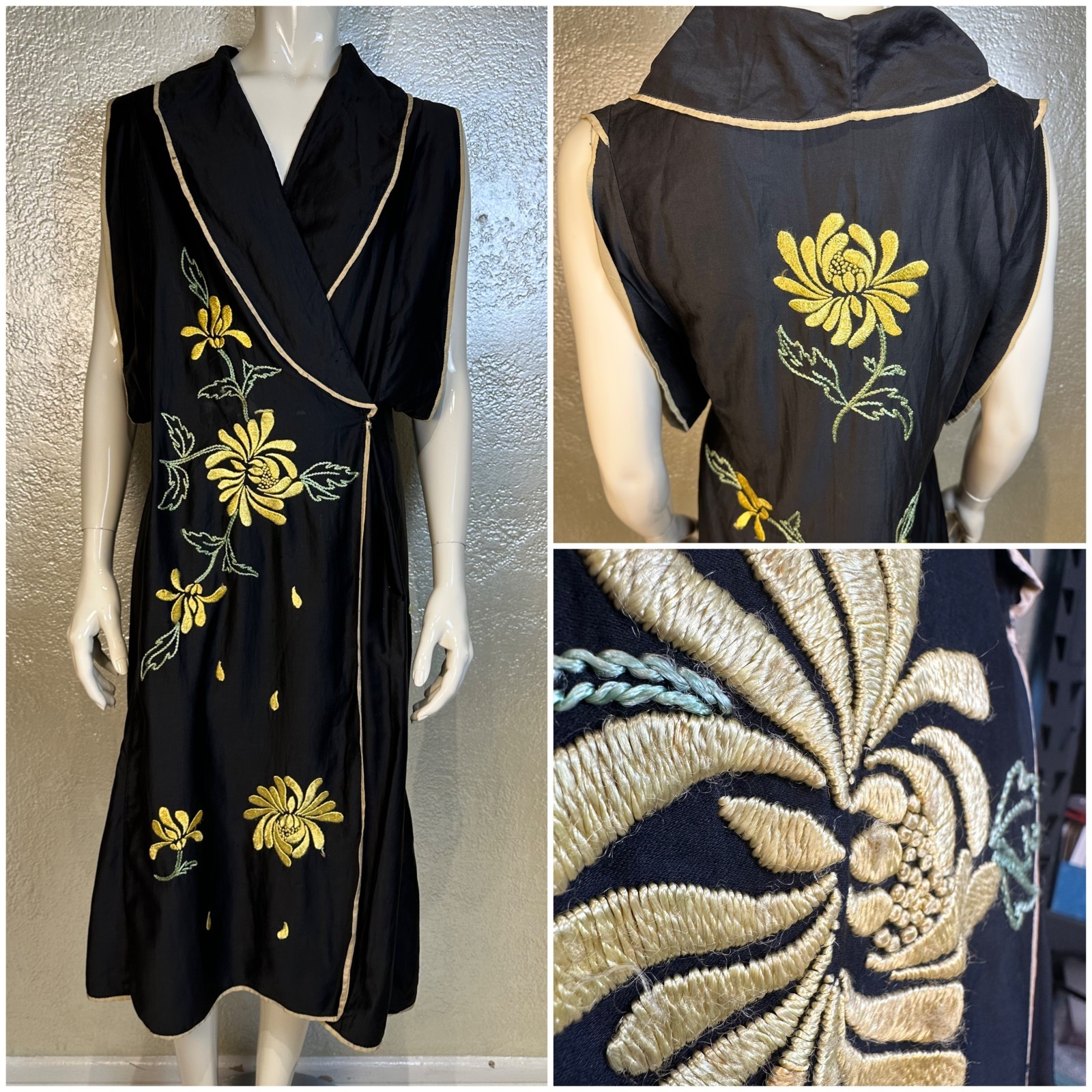 Vintage 1960&rsquo;s Black Embroidered Silk Robe Housecoat Yellow Floral Vietnam