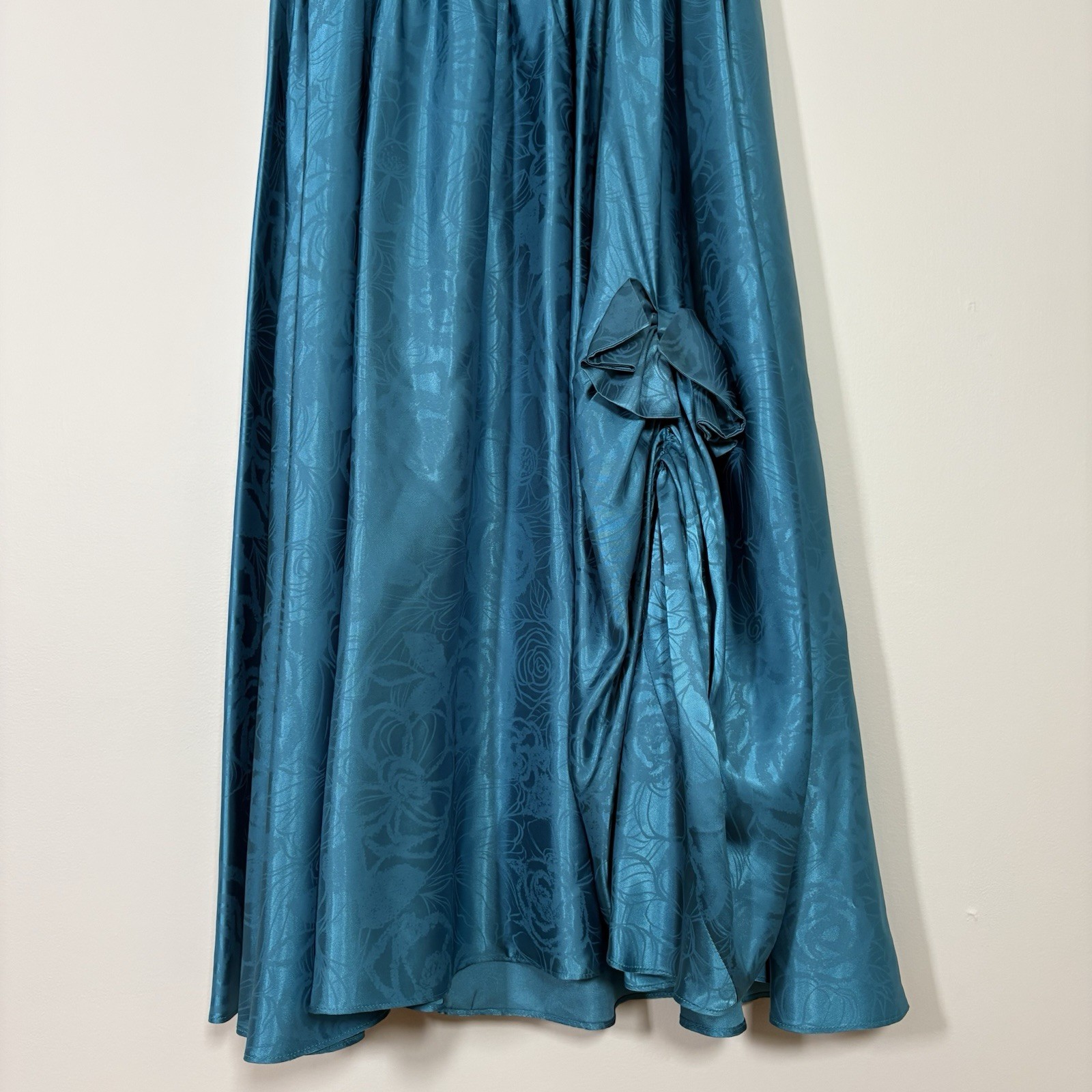VTG 80s Studio E Teal Floral Brocade Prom Party Dress Strapless Ruched Maxi L