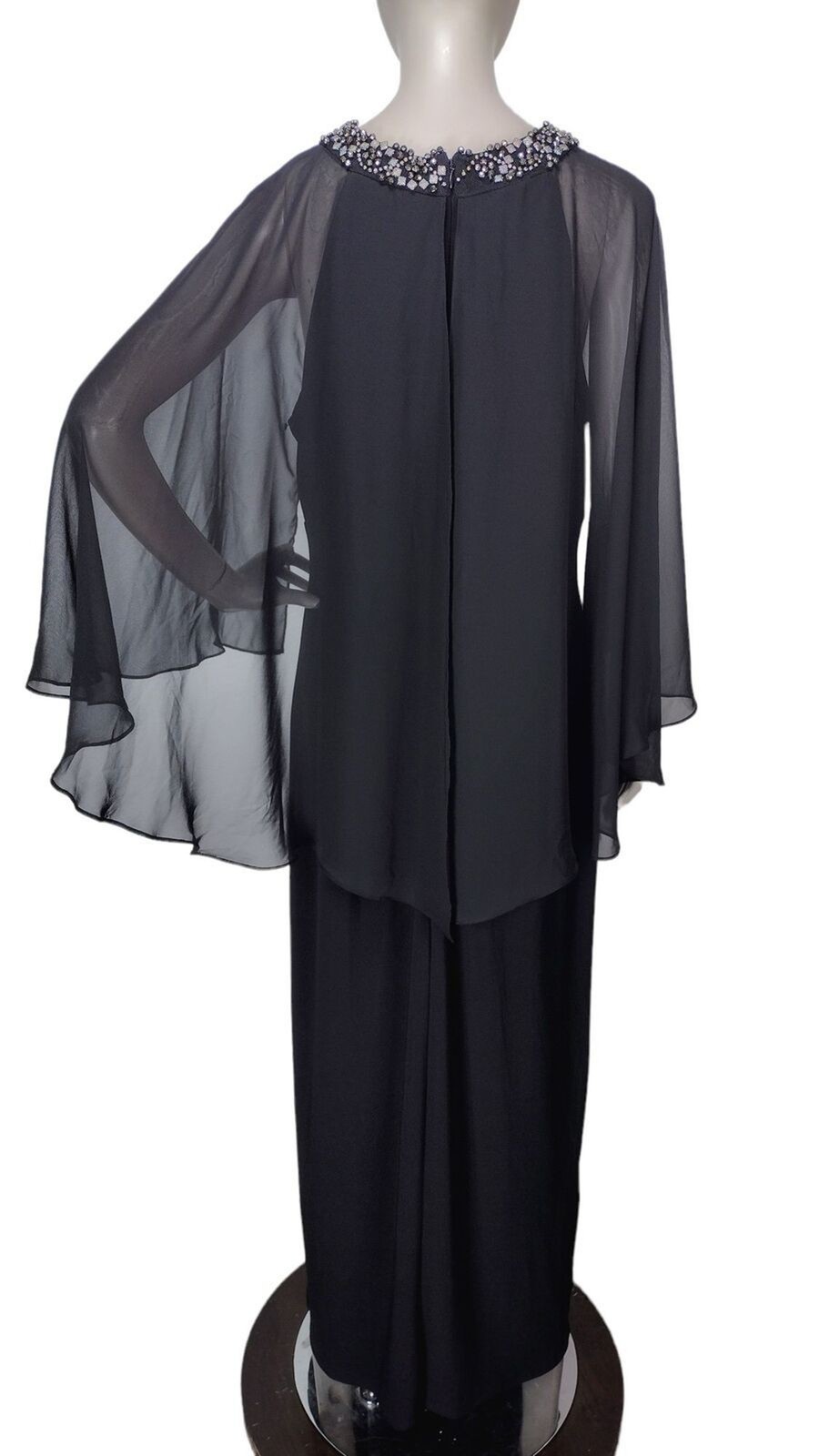 Vintage Scarlett Black Beaded Elegant Flowy Sheer Capelet Slit Formal Maxi Dress