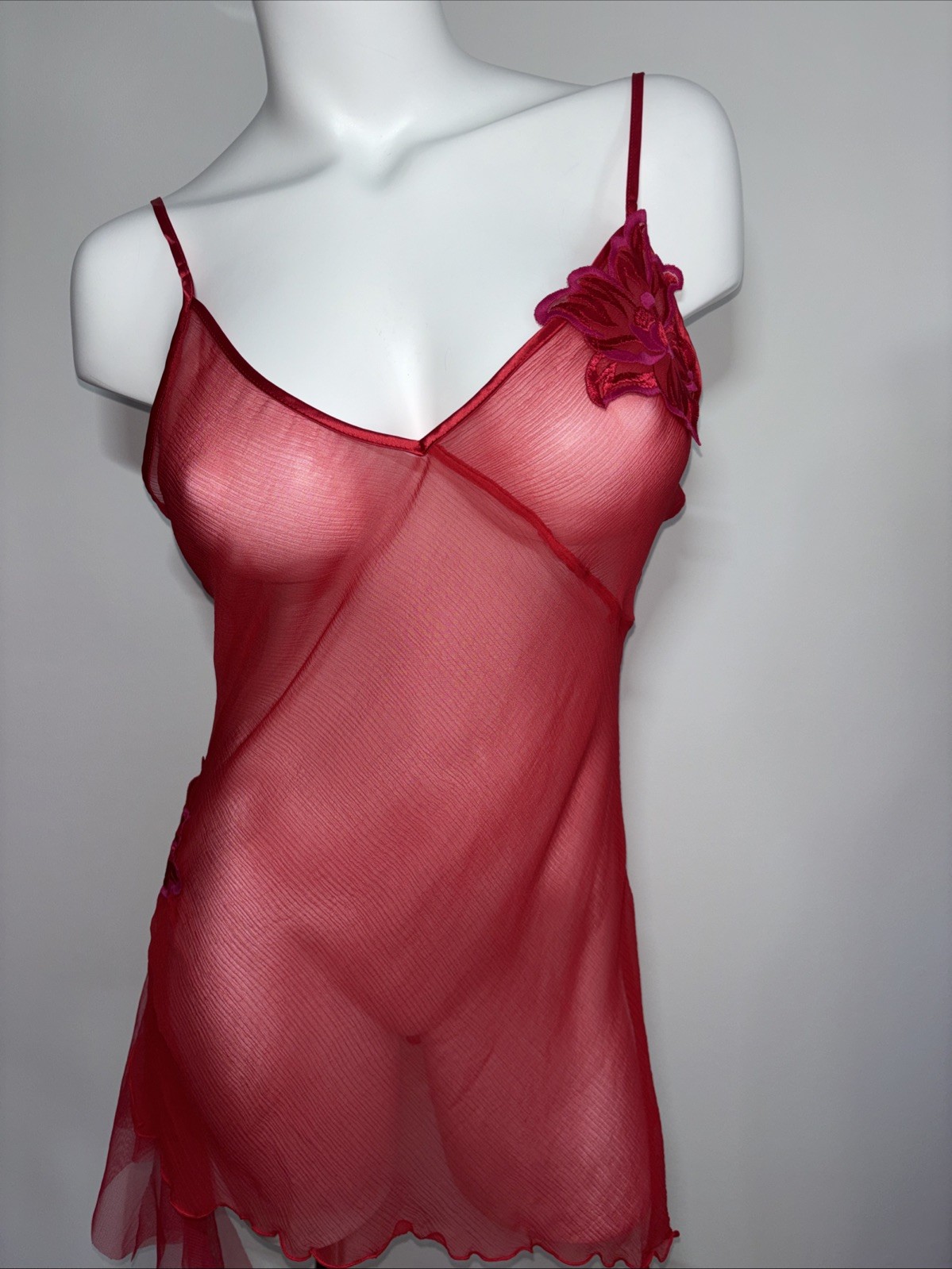 Vintage Victoria’s Secret Red 100% Silk Babydoll Sheer Mesh Floral NWT M Gown