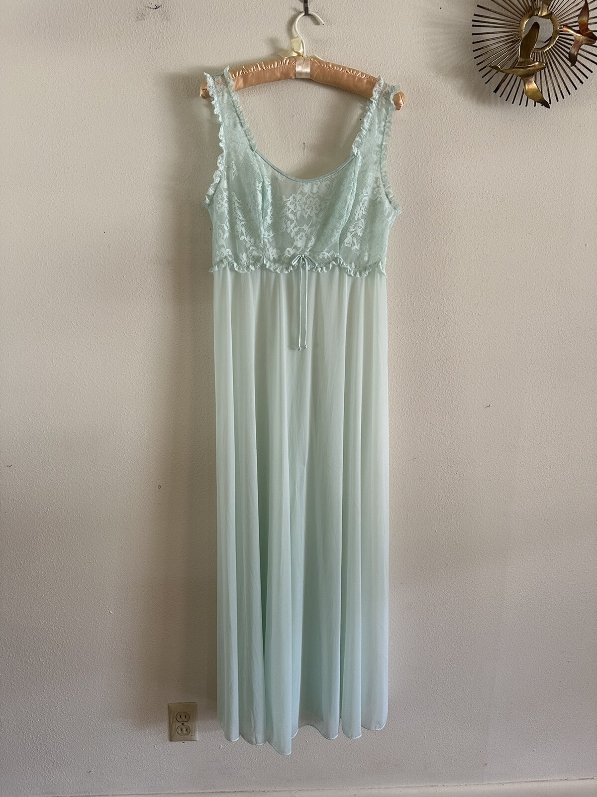 1960s Vanity Fair Mint Green Nylon Tricot Lace Nightgown Slip Dress Negligee VTG