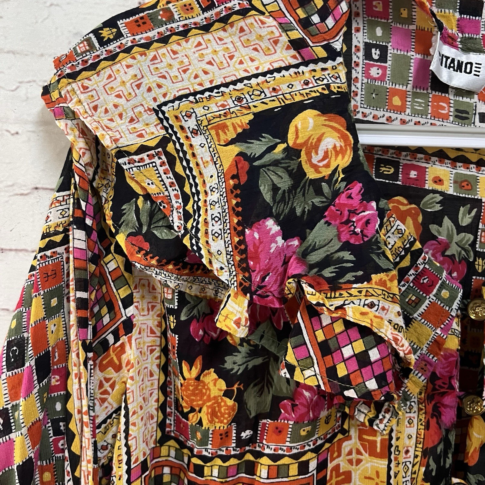 Vintage Gitano Blouse M Patchwork Floral Ruffle Collar Rayon Cotton 80s 90s Top
