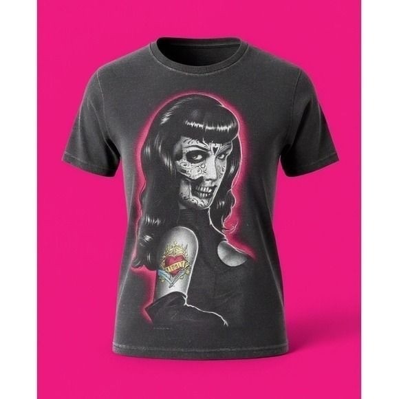Womens Sugar Skull Pinup Graphic Tee Faded Black Rockabilly T-Shirt
