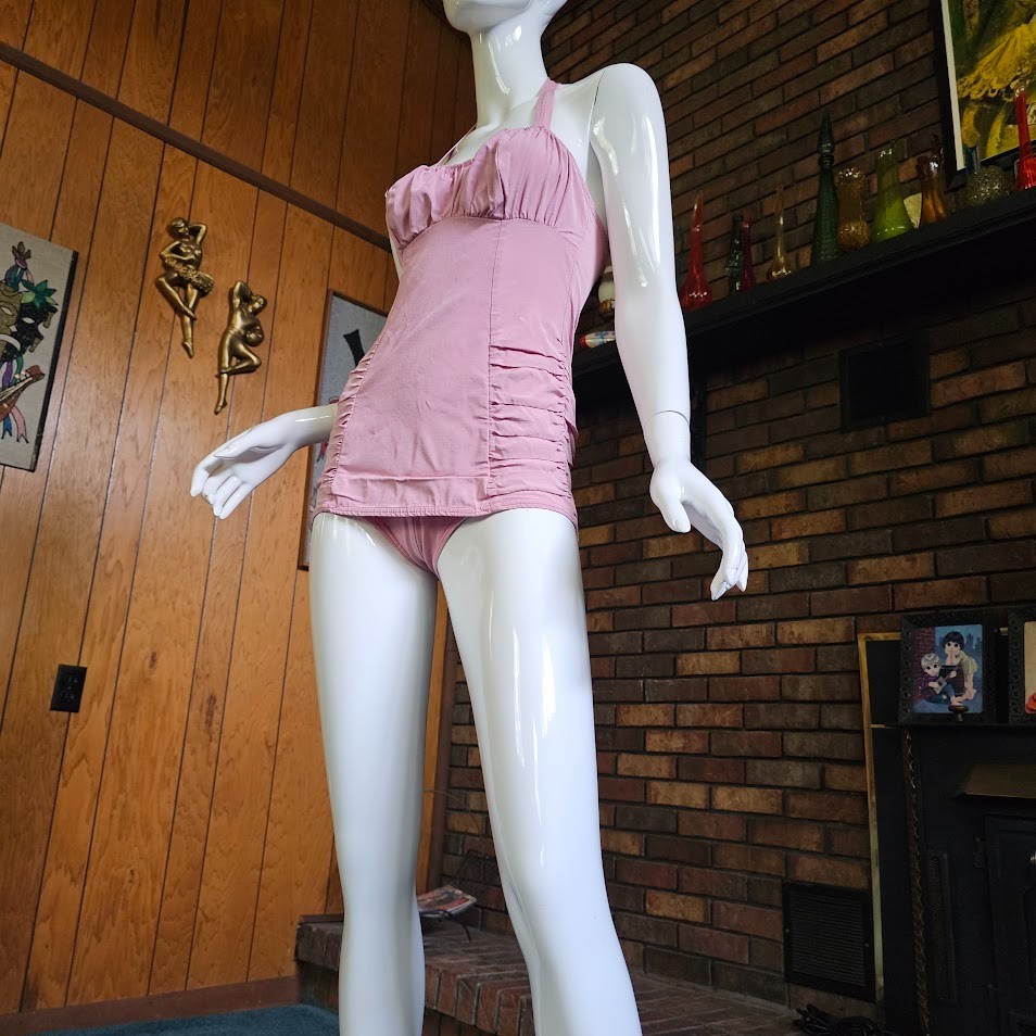 Vtg 50s Pink Ruched Sea Nymph Bombshell Halter Swim Bathing Glamour Suit XS/S