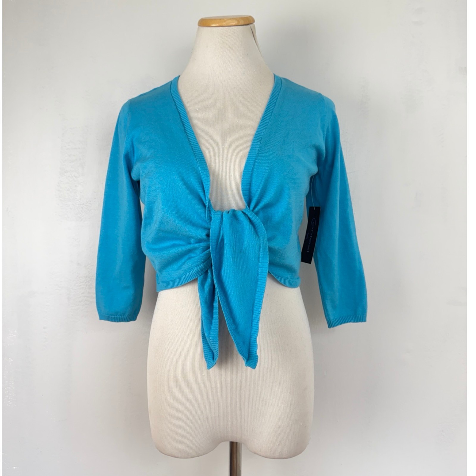 Vintage Bright Blue Silk/Cotton Bolero Cardigan Size Small Cropped Tie Front Y2K