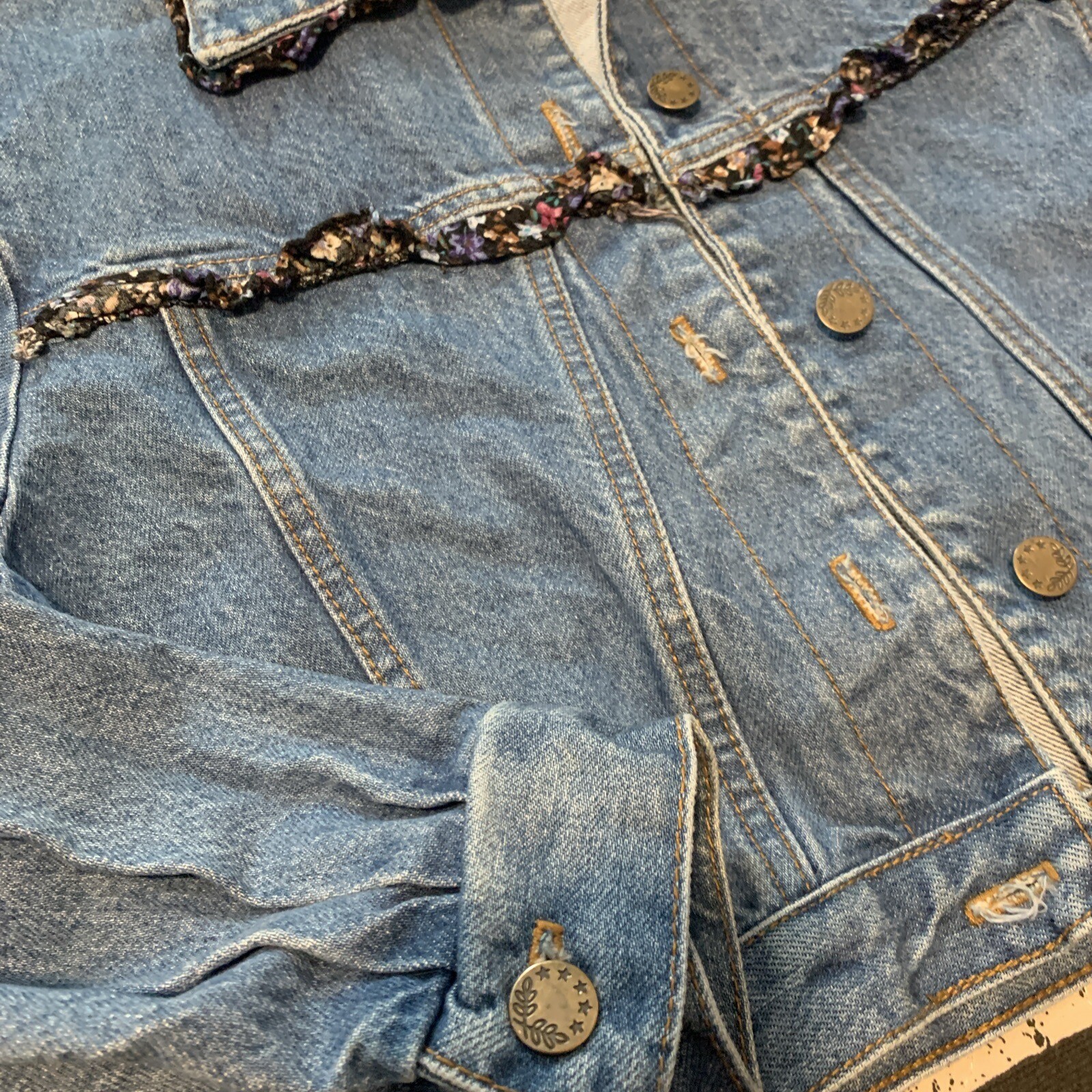 Vintage California Concepts Denim Jacket 80s 90s Romantic Ruffle Trim Crop Sz S