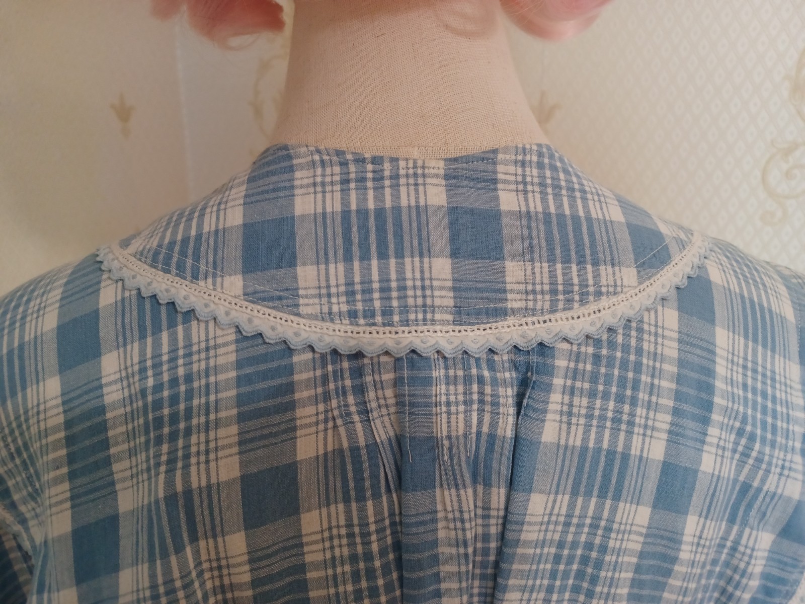 Antique Edwardian 1910s-20s Blue Puff Sleeve Doll Collar Cottagecore Blouse