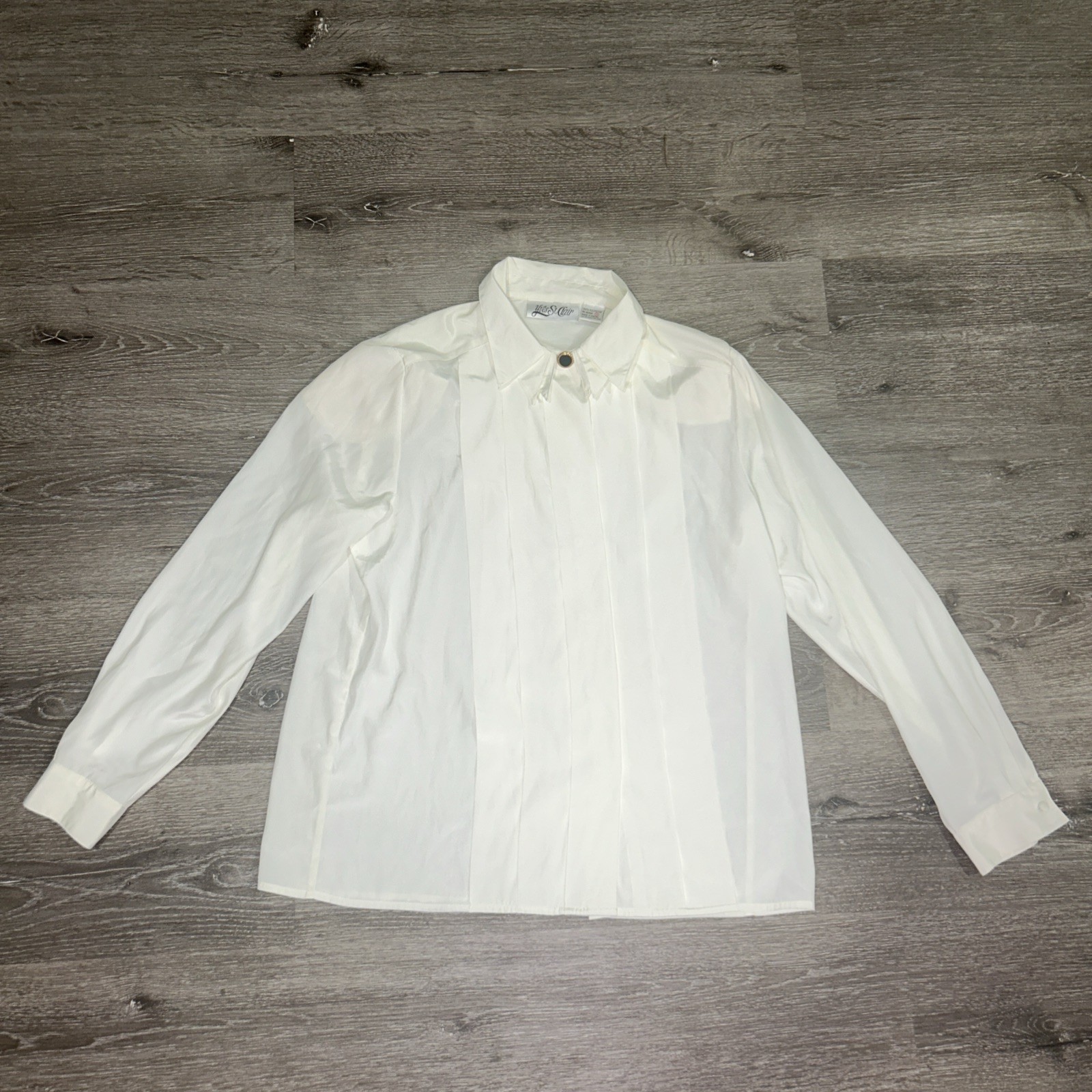 VTG Yves St. Clair White Tuxedo Blouse Sz 12 Pleated Front Polyester Macau 80s