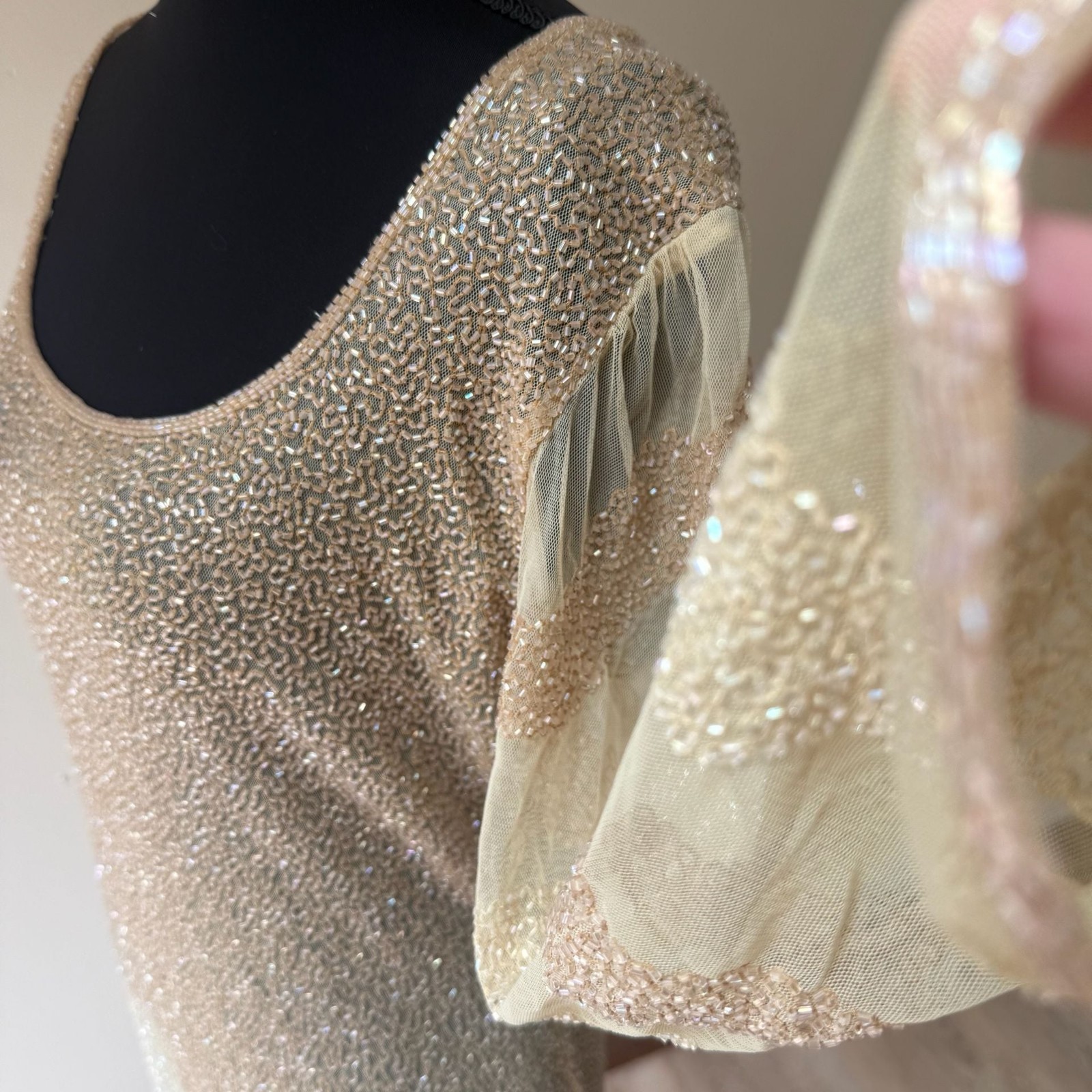 Vintage Fully Beaded Sequined Cream Asymmetrical Shirt Dress Sheer