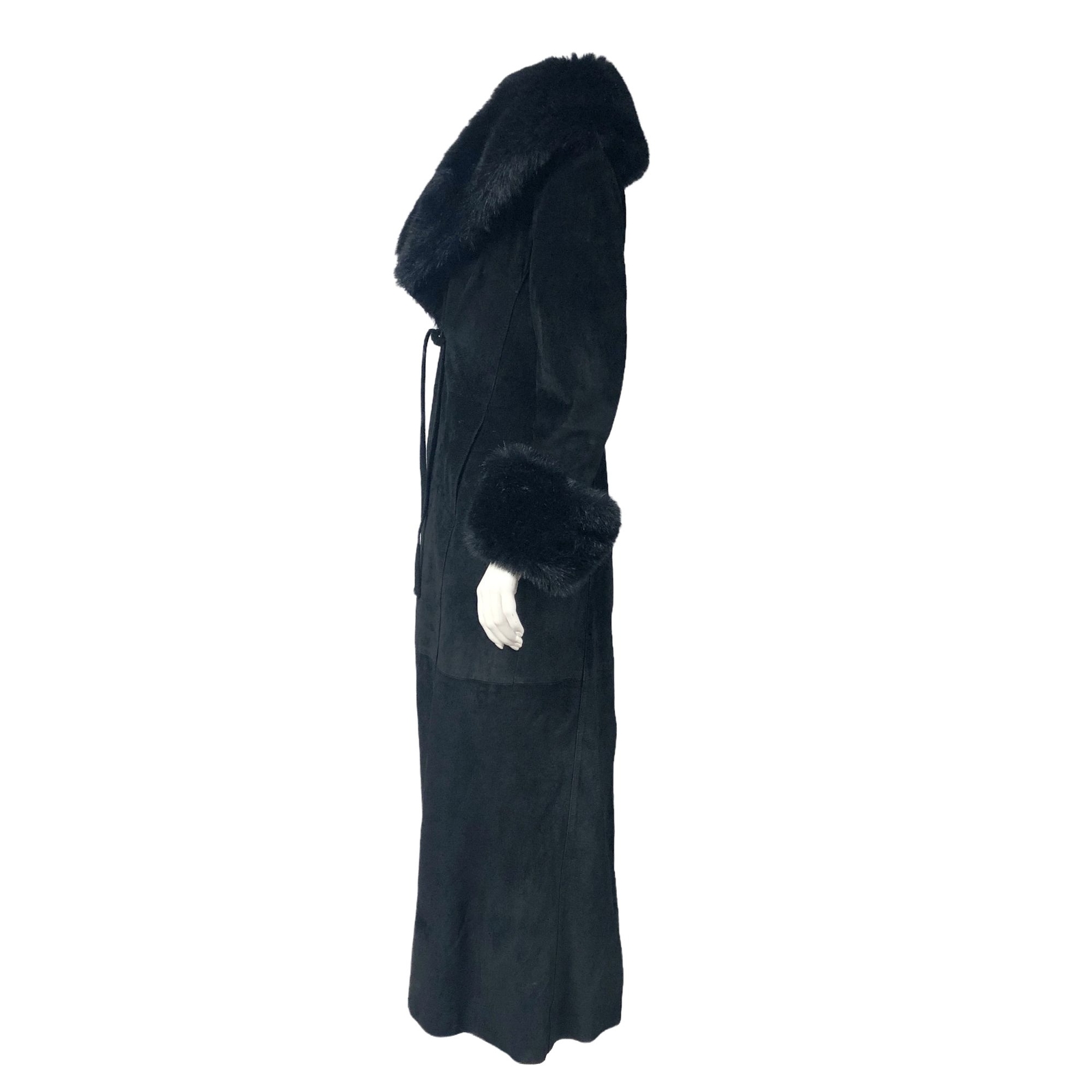 Vintage Y2K 2000s Express Black Suede Faux fur Long Coat Duster Size 5/6