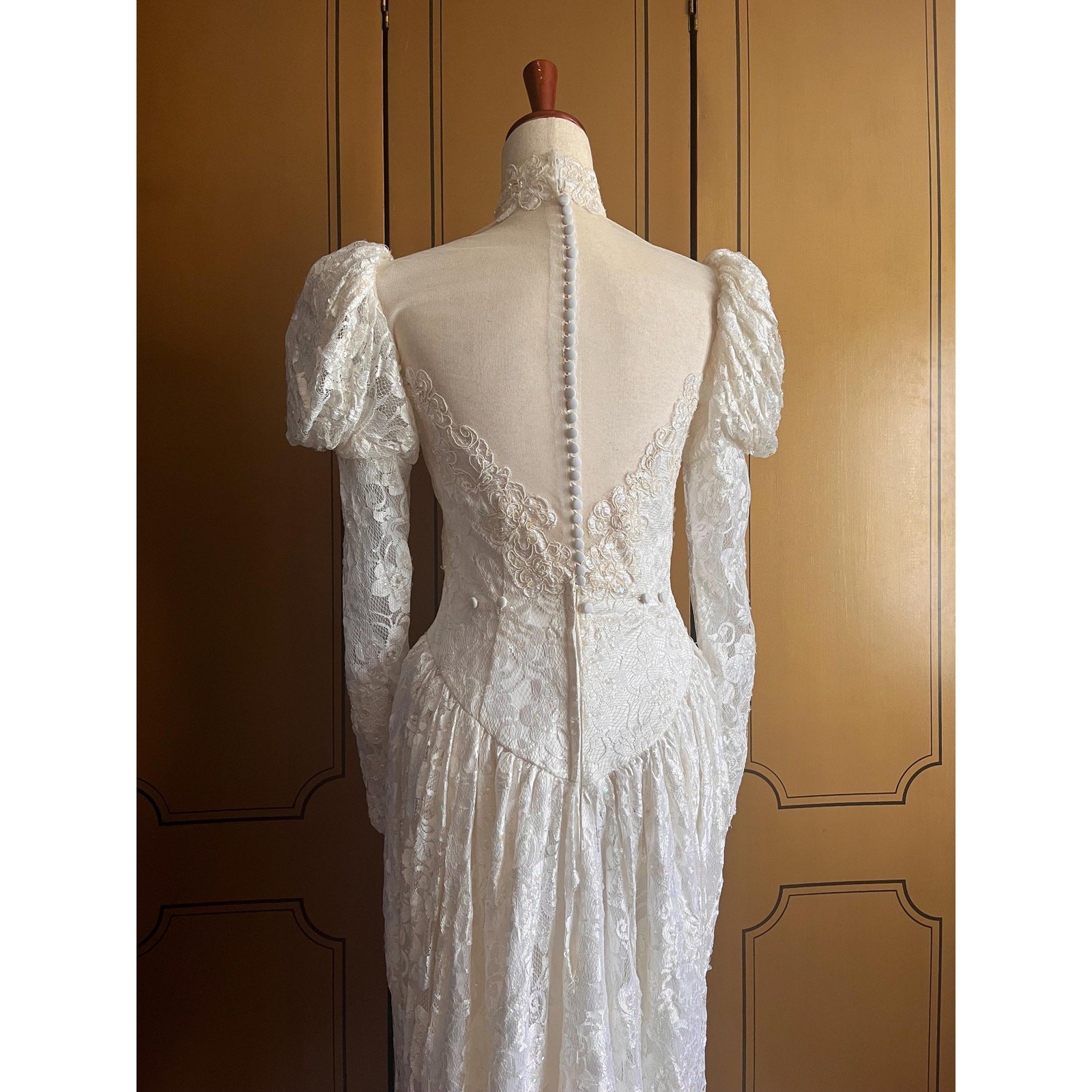 Vintage wedding gown with lace, beads, sequins and train