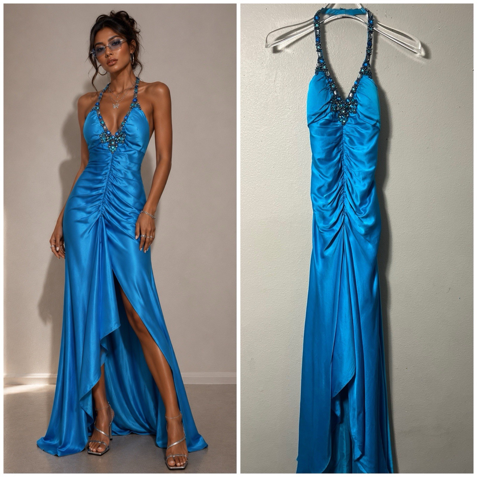 Vtg 90s Y2K Cachè Dress Blue Beaded Halter Mermaid Baddie 100% Silk Gown Size 0