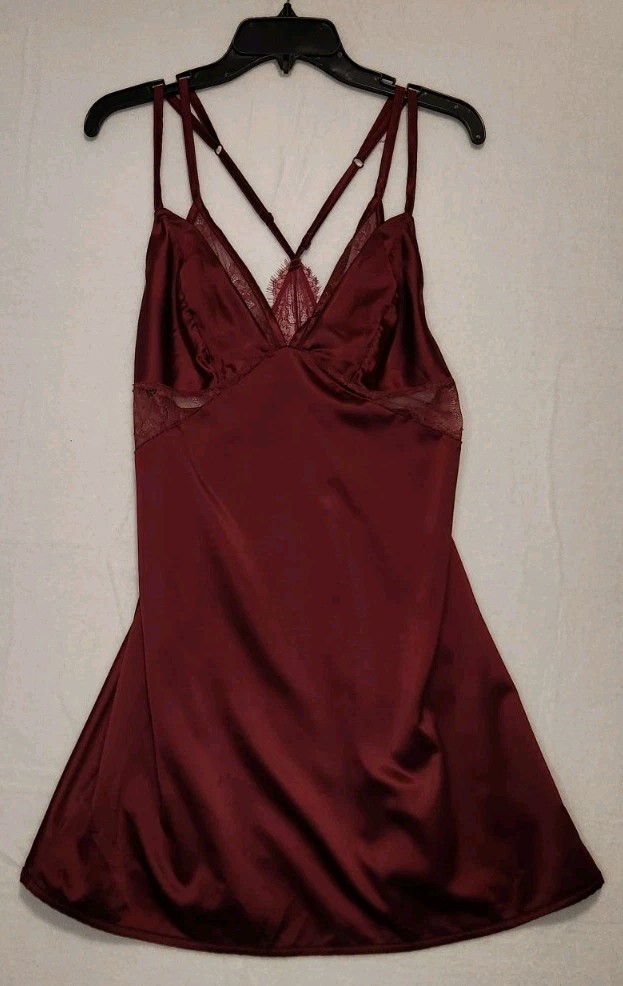 Spaghetti Strap Slip Dress Satin Lingerie Burgundy Maroon Med Coquette Sexy