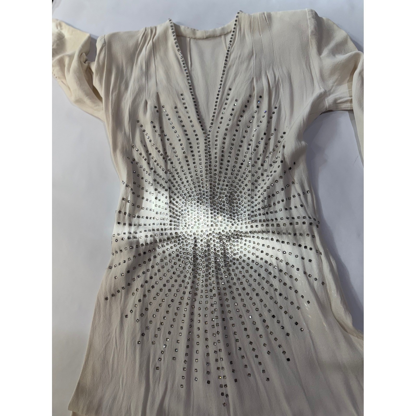 1940s Cream Rayon Crepe Gown Rhinestone Sunburst Side Zipper Evening Dress FLAWS