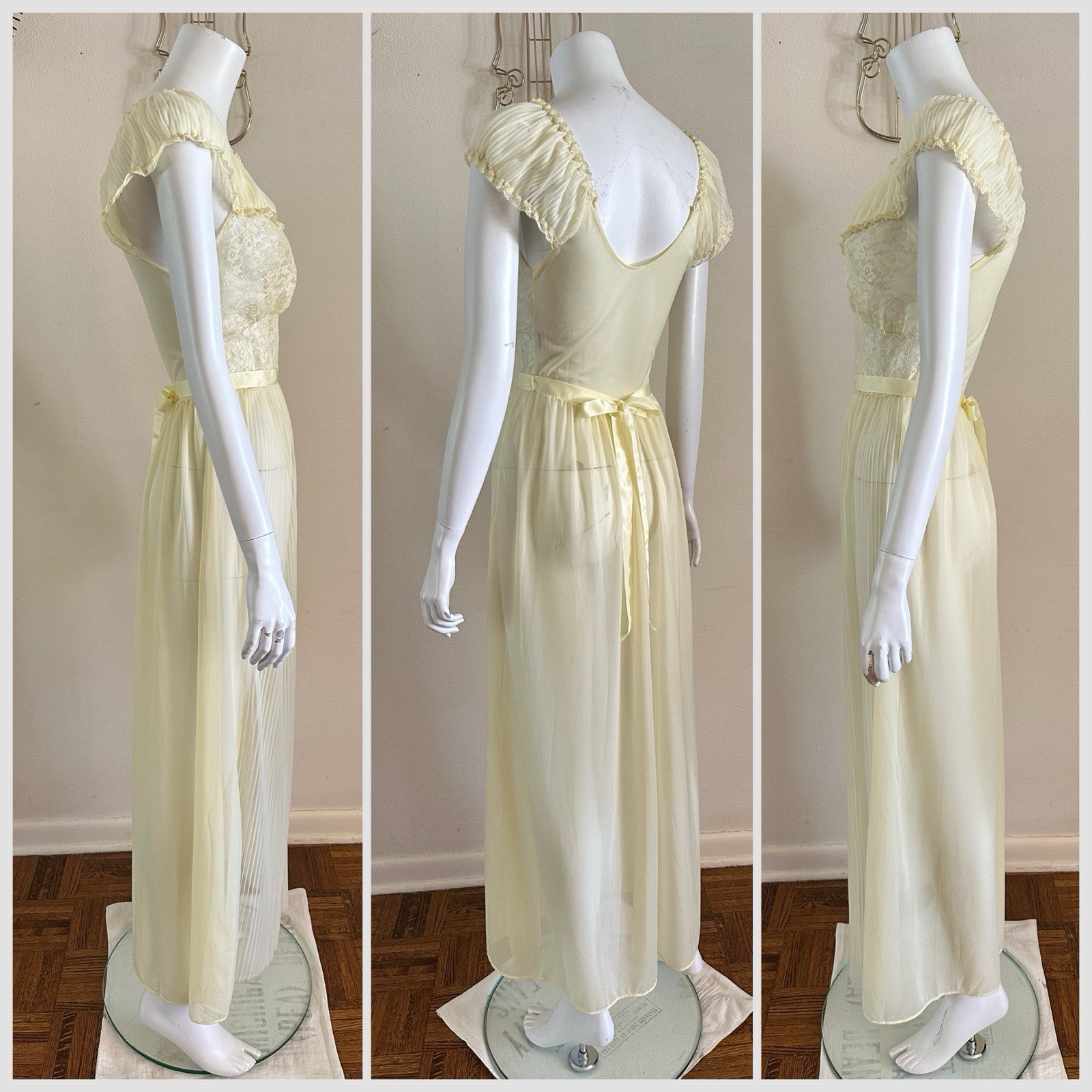 1970s Edwards Yellow Lace Nylon Gown Pleated Prairie Romantic Maxi Dress VTG