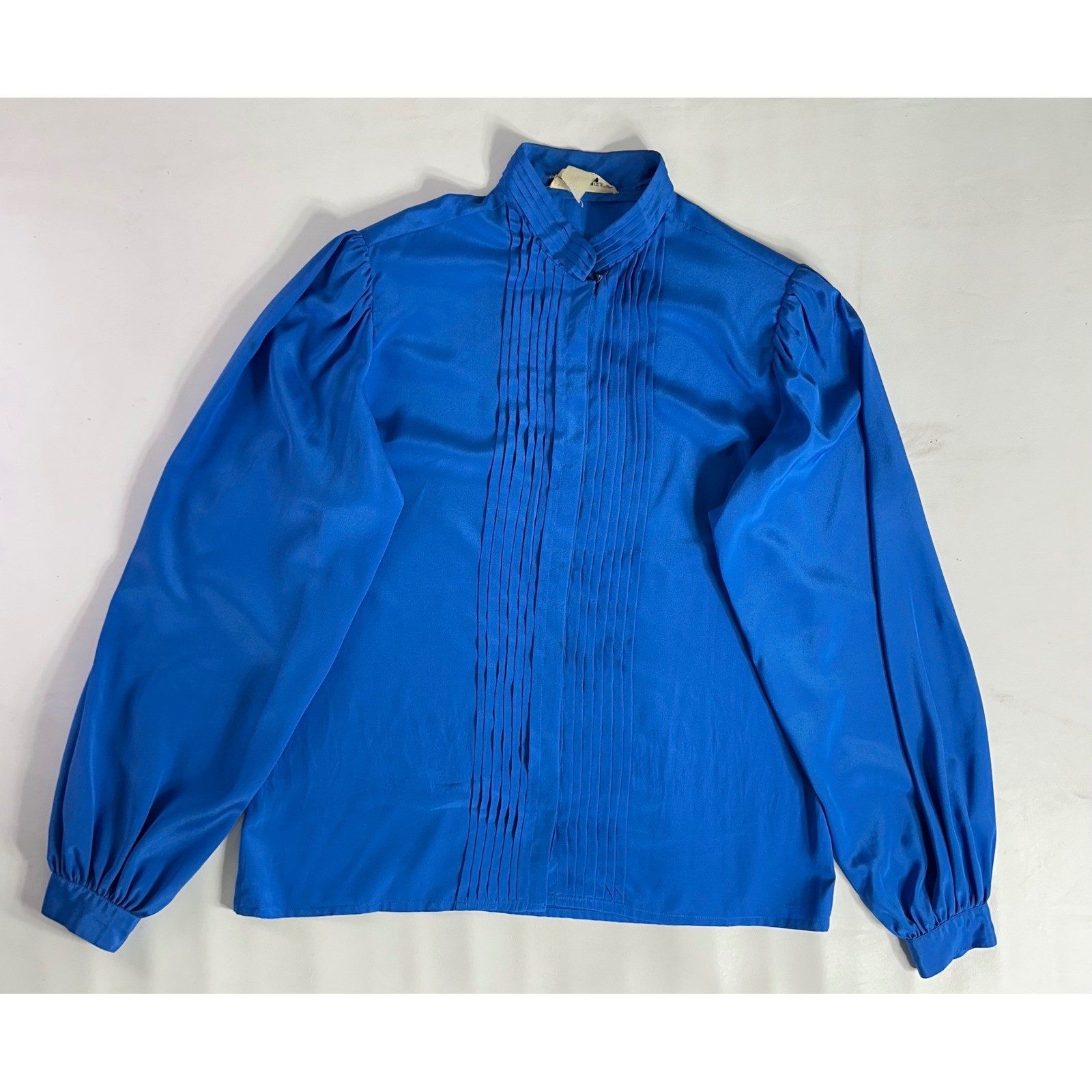 Jack Mulqueen Vintage 80s Royal Blue Silk Pintuck Puff Sleeve Blouse Womens 12