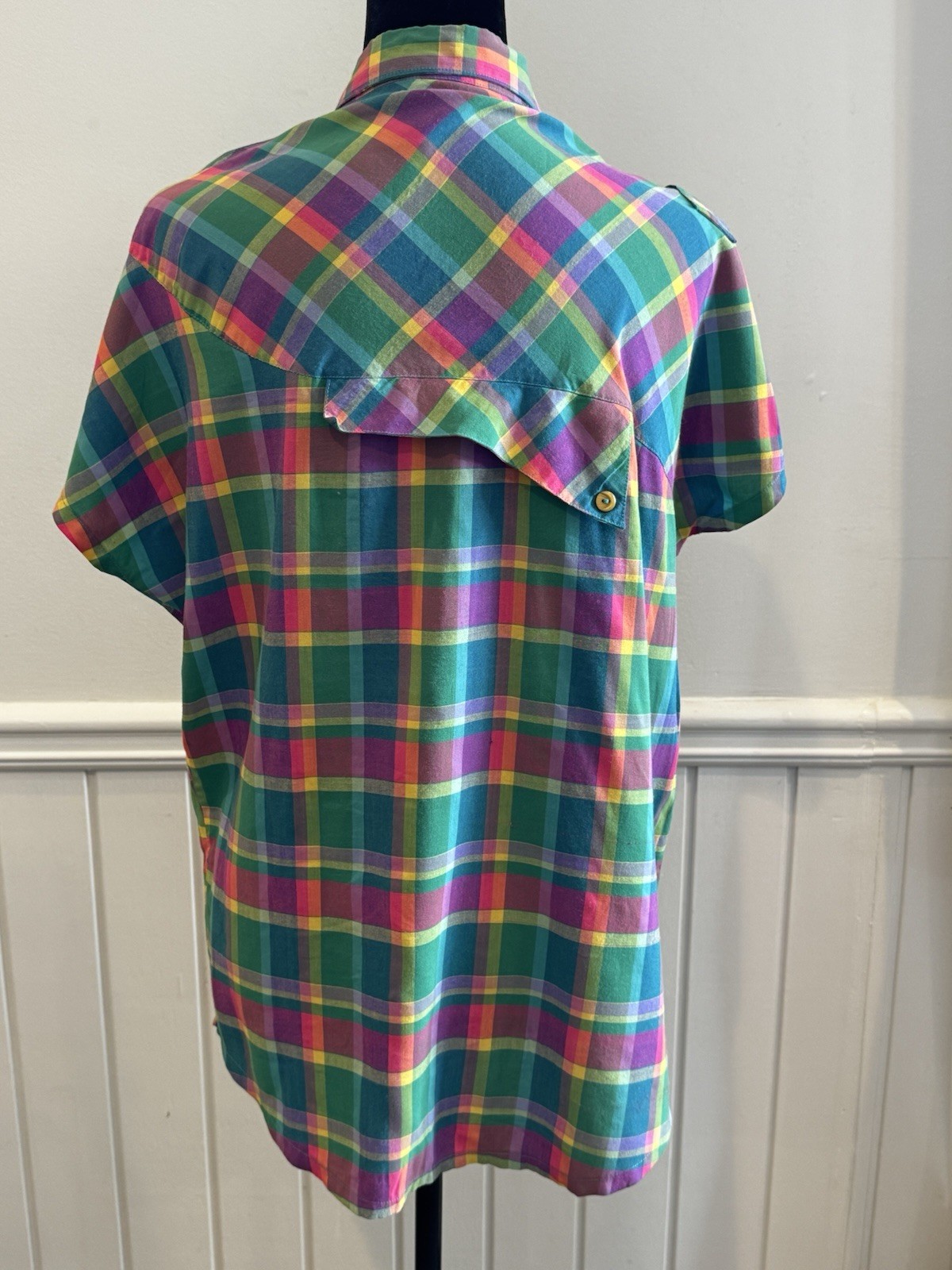 Vintage 80s Rainbow Plaid Button Down Camp Shirt Retro Dopamine Quirky Top