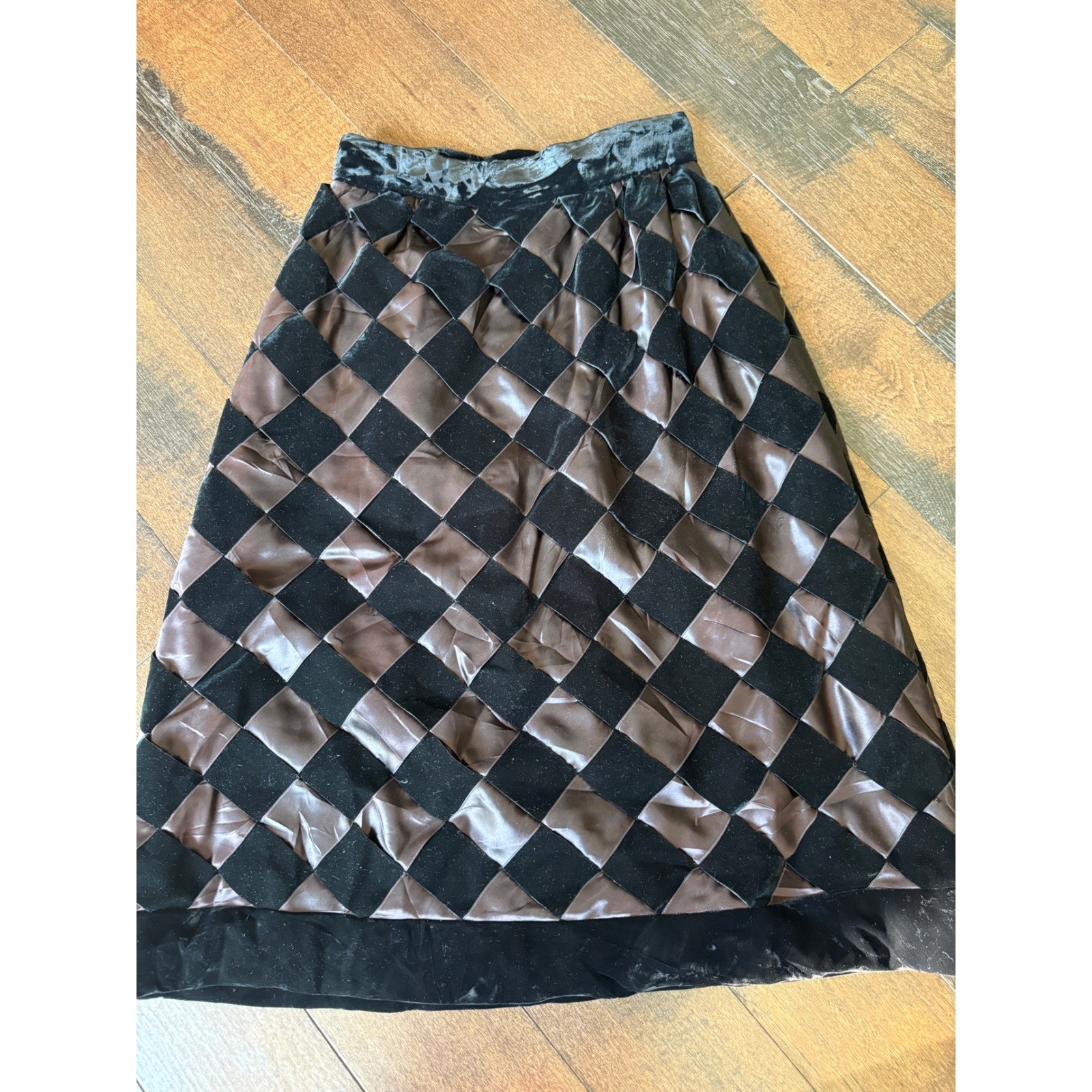 Vintage Lord & Taylor Velvet Satin Harlequin Patchwork Skirt Black Bronze 10