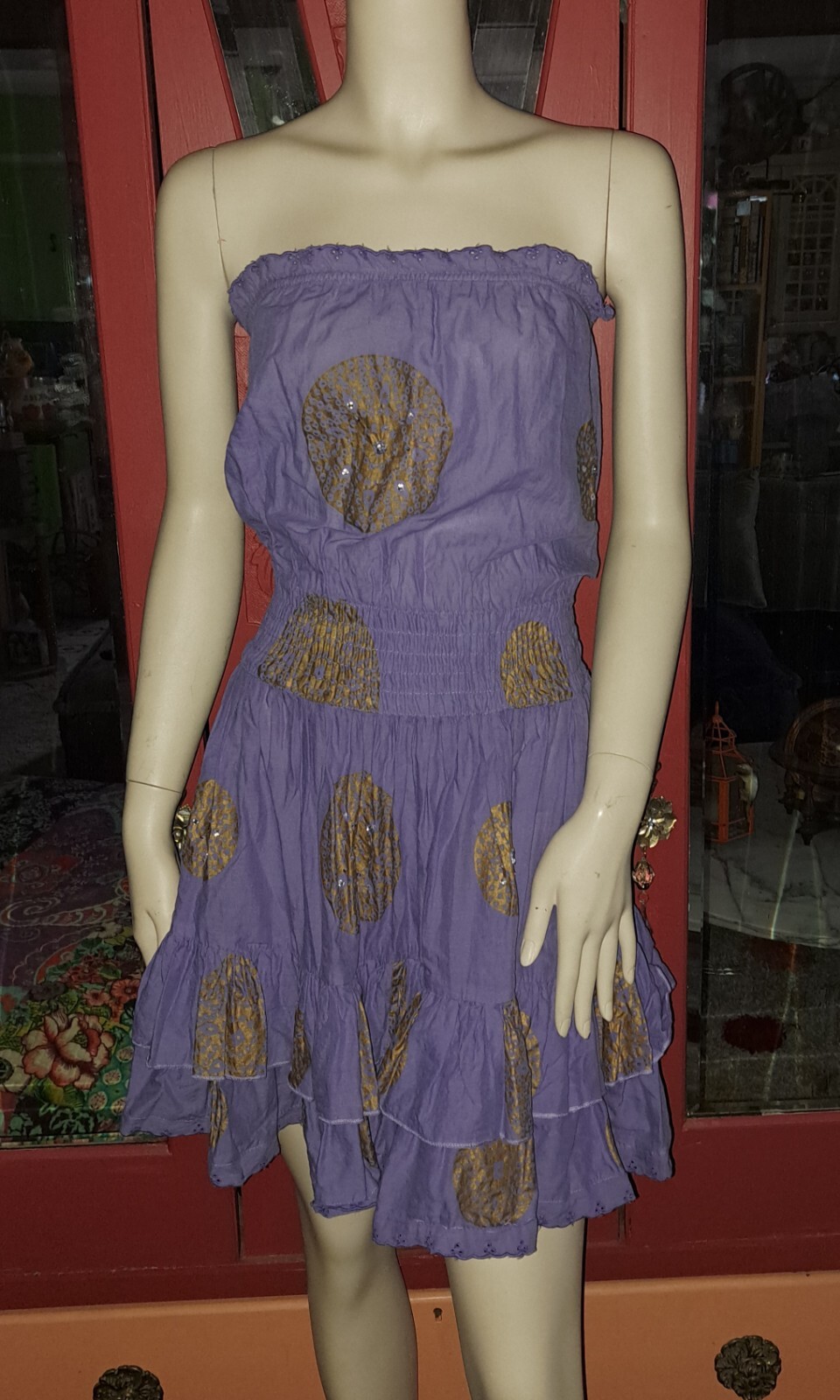 Vtg Moda International Short Summer Dress XS Purple Gold Sequins Ruffles India
