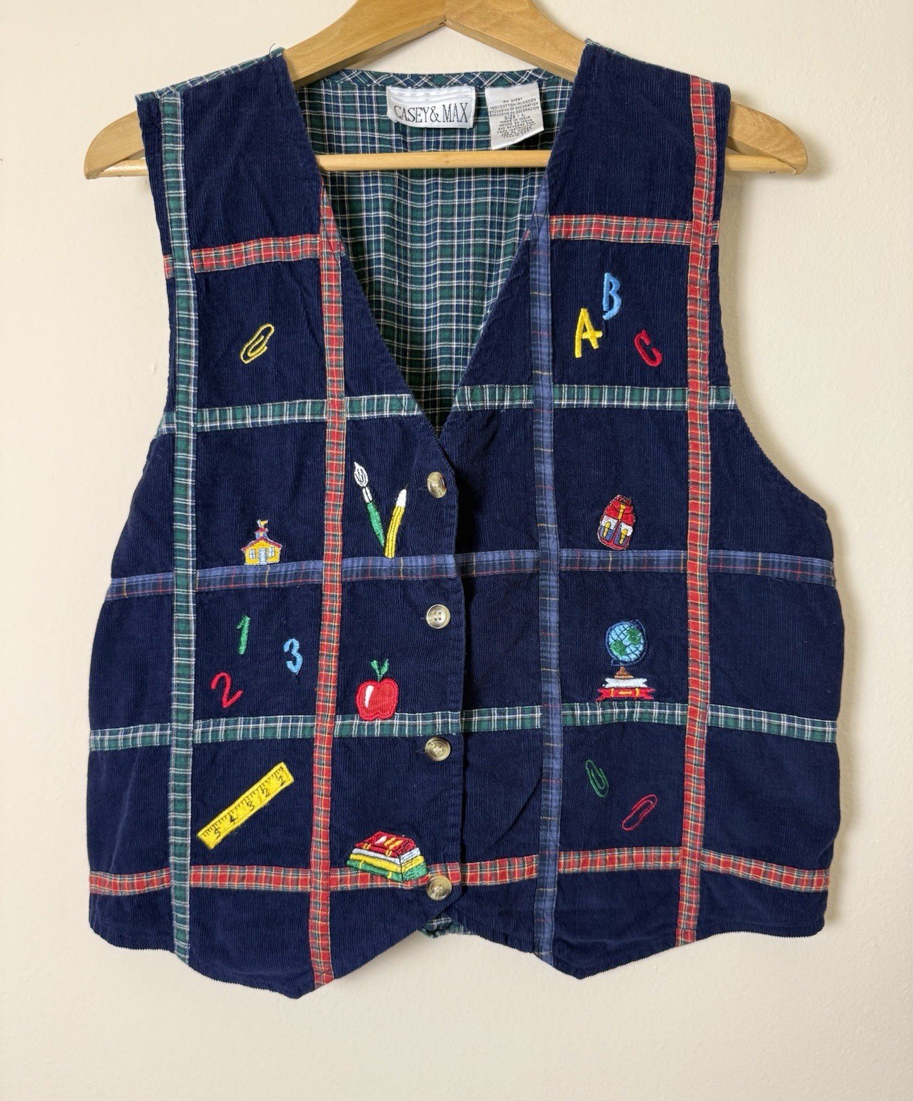 VTG 90s School Teacher Embroidered Plaid Detail Button Vest Pencils Apples Large