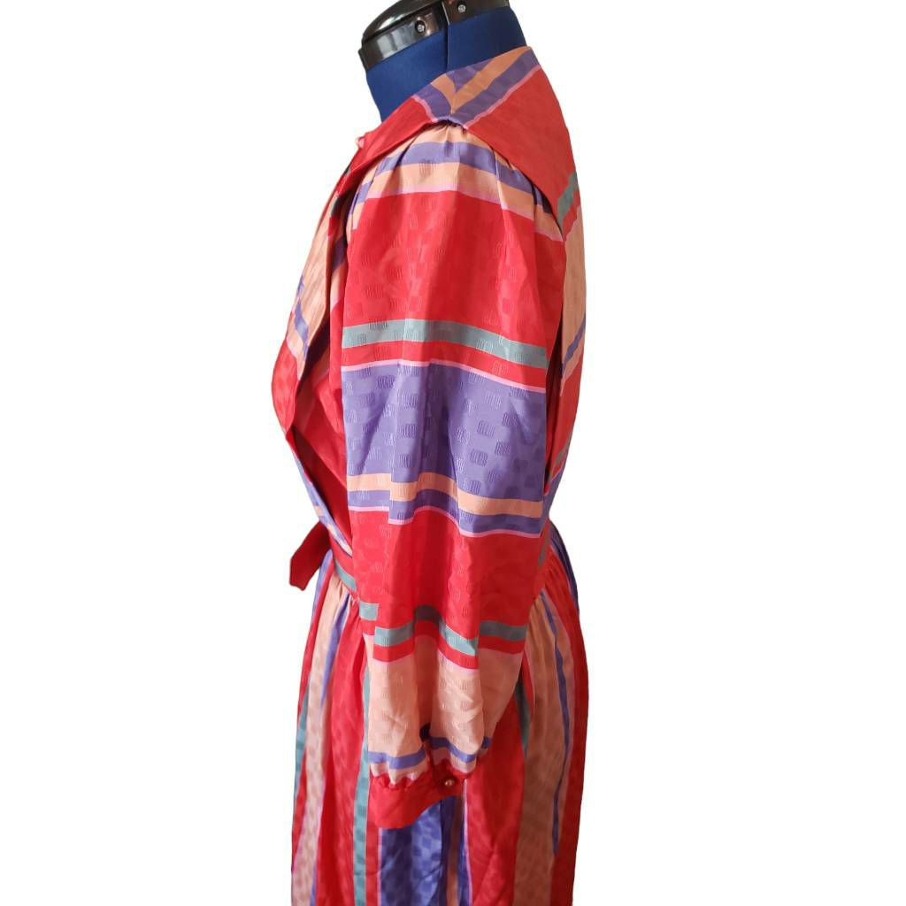 Jackie Taub Womens Dress Multicolor Striped Belted Midi 3/4 Sleeve size 14 AA178