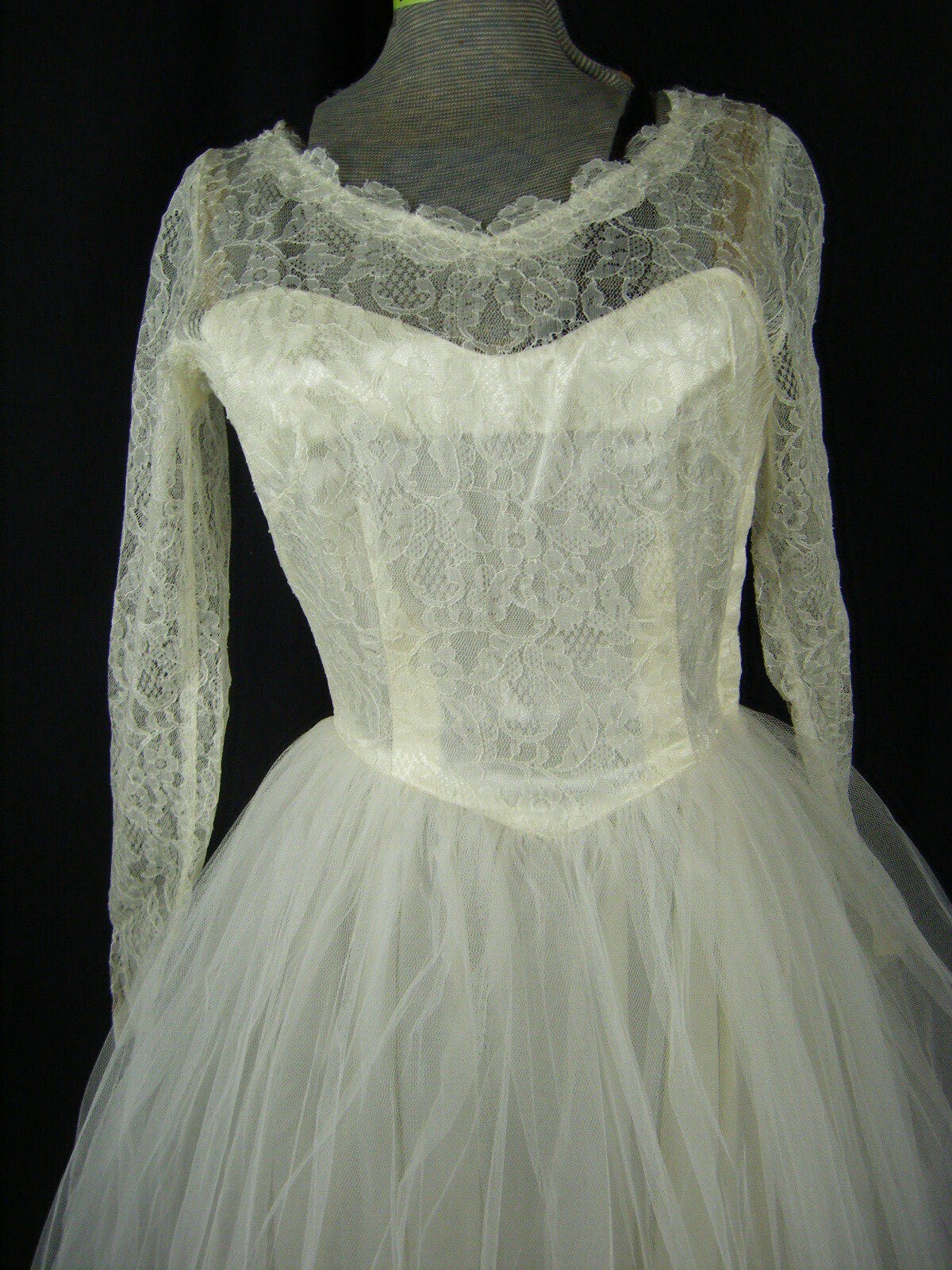Dated 1955 Vtg Ivory Lace Net Illusion Full Tulle Wedding Dress-Bust 36/2XS