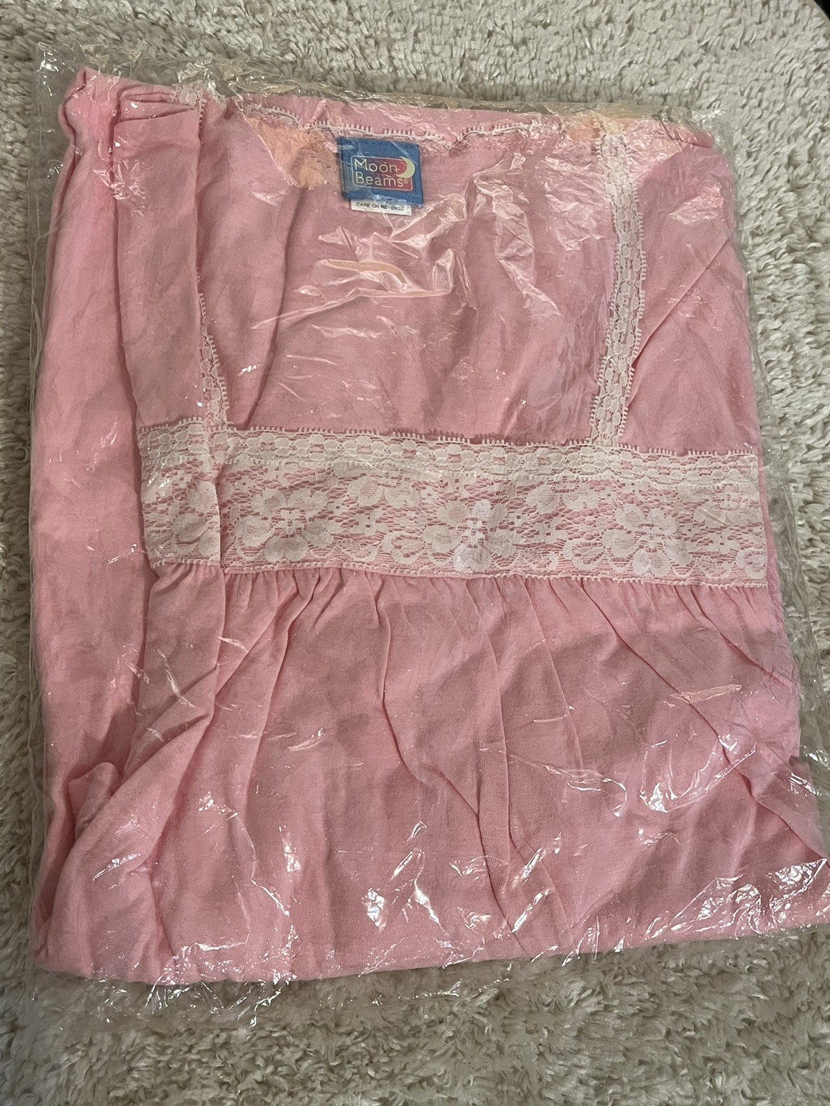 Vintage Women&rsquo;s Nightgown Pink Moon Beams Sz XL Cap Sleeve/Lace Trim Cotton Blnd