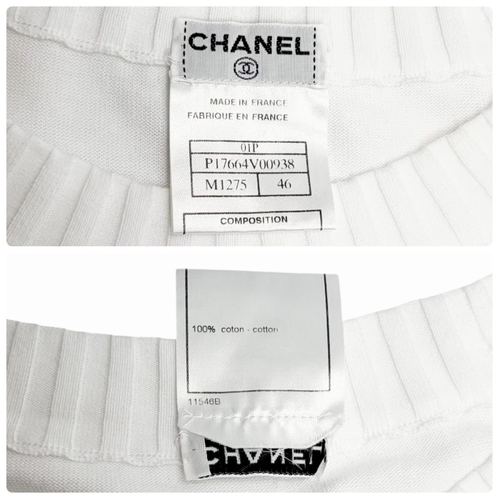 CHANEL Vintage 01P CC Logo Stamp Knit Sweater Top #46 White Pullover 902032