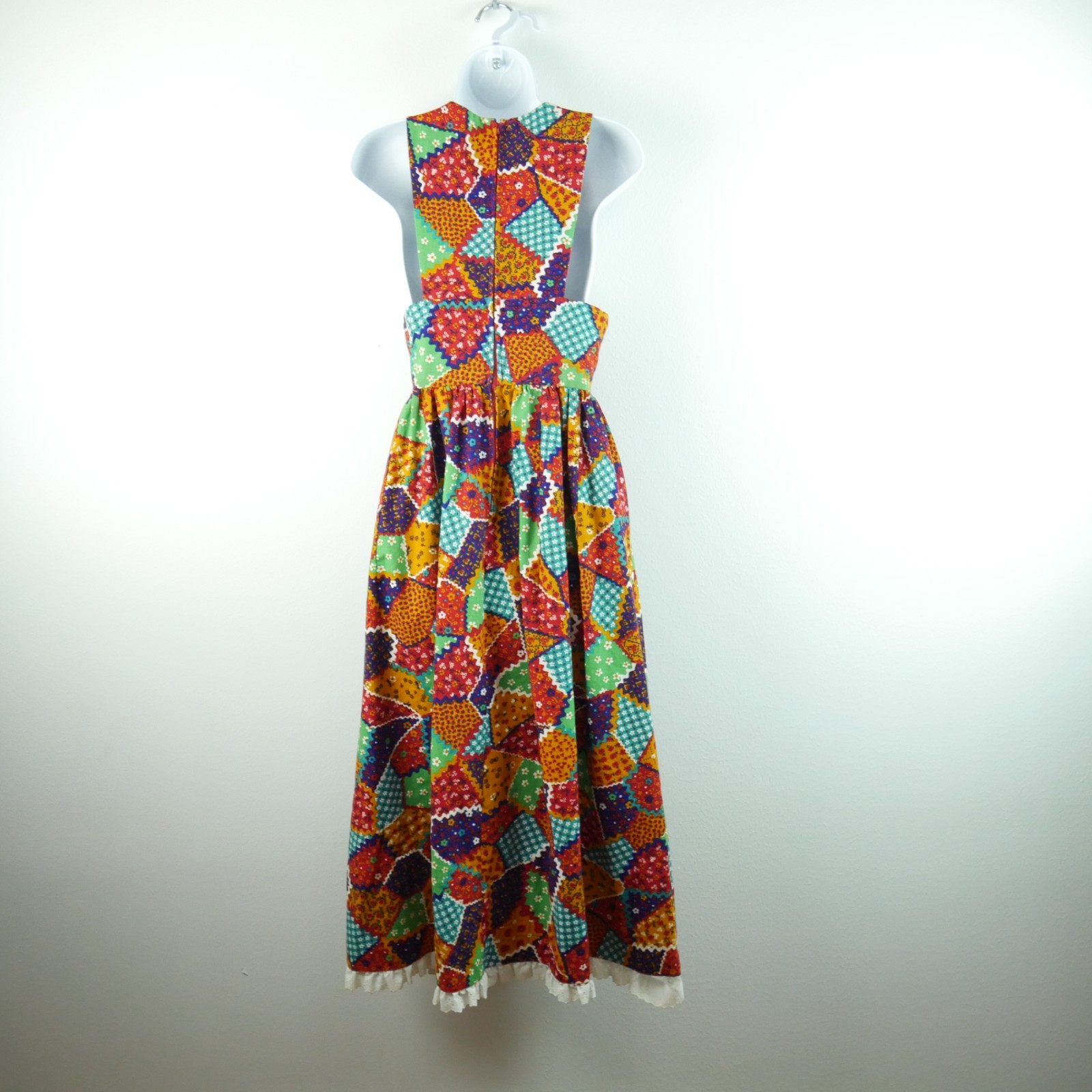 Vintage 70s Pinafore Maxi Dress Apron Patchwork XS S Cottagecore Prairie Ruffle