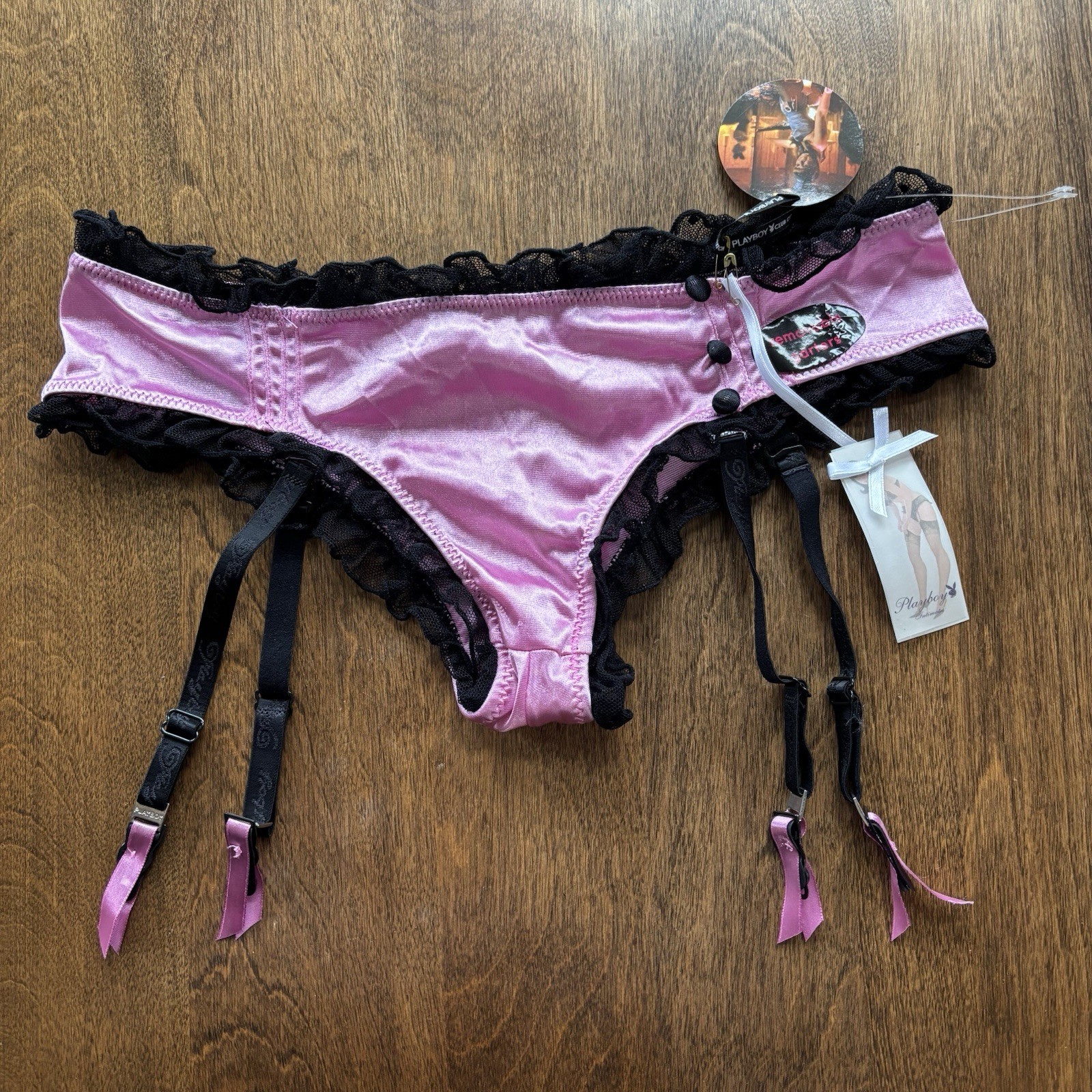 Vtg Playboy Playmate Second Skin & Lace Removable Garters Panty Large Pink NWT