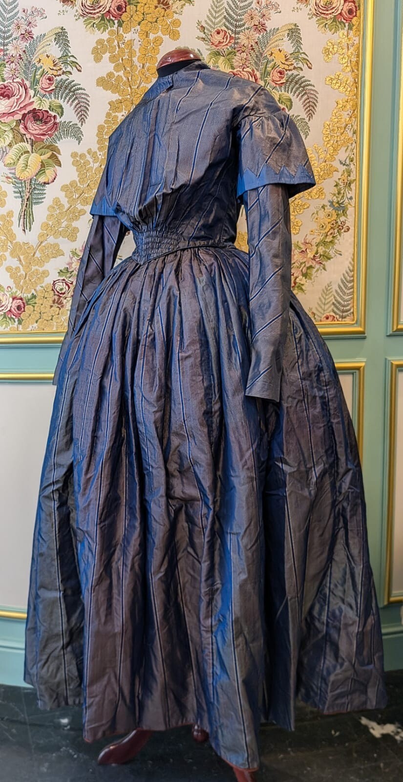 HAND SEWN 1840’S PINSTRIPED SILK TAFFETA TWO PIECE DRESS FROM OHIO ESTATE