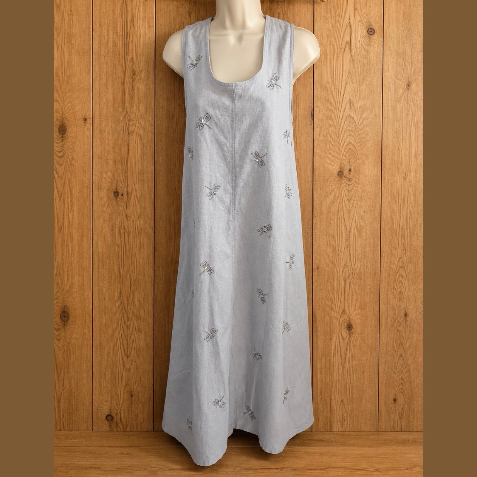 Vintage Jane Ashley Embroidered Sequin Dragonflies Embellishment Linen Dress