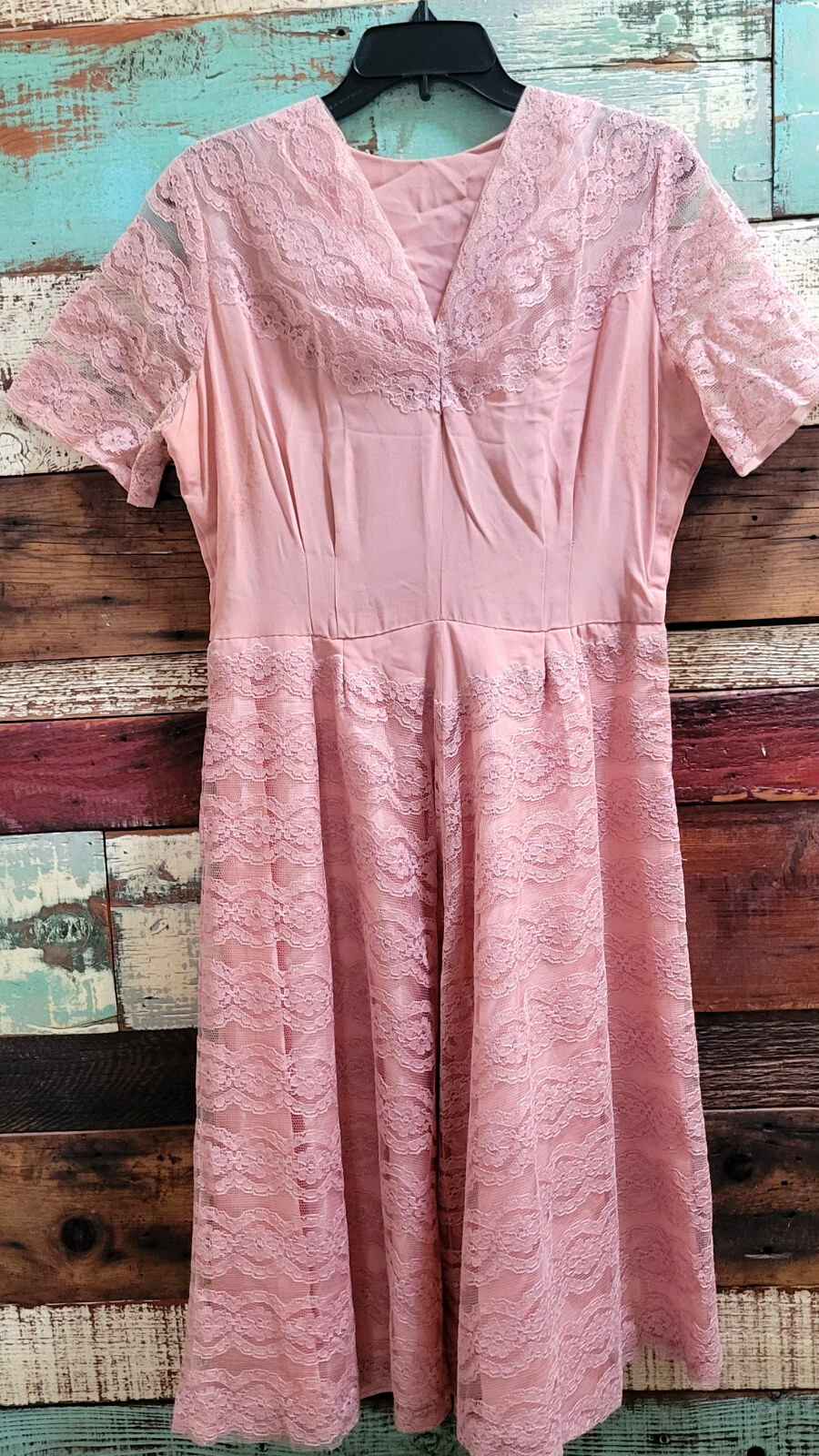 Vintage 40s mauve pink fancy Lace Party Dress , handmade, sheer, 8/10