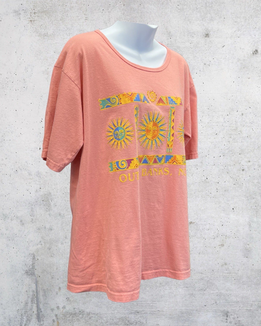 Vintage 90s Outer Banks NC Sun Graphic T-Shirt Peach Anvil USA Women’s Large