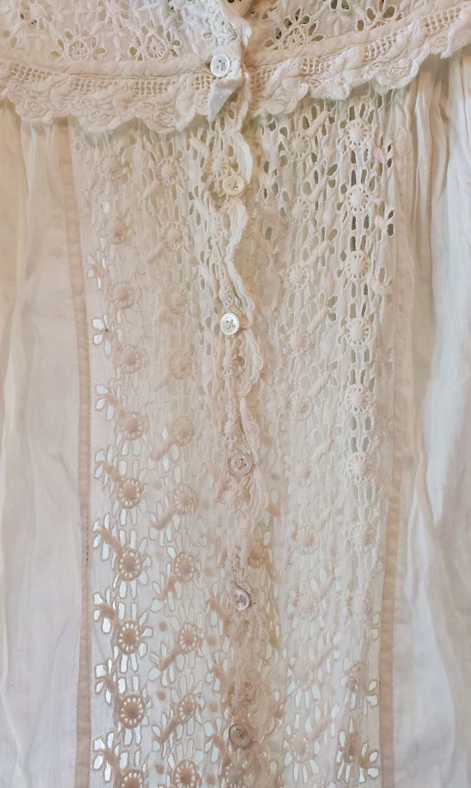 Antique Long Cotton Nightgown w/ Fancy Eyelet Bodice & Front Panel – XS/S