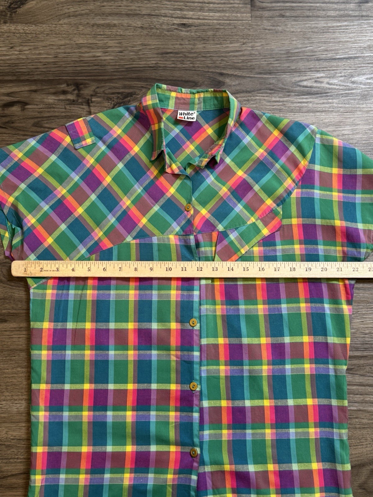 Vintage 80s Rainbow Plaid Button Down Camp Shirt Retro Dopamine Quirky Top