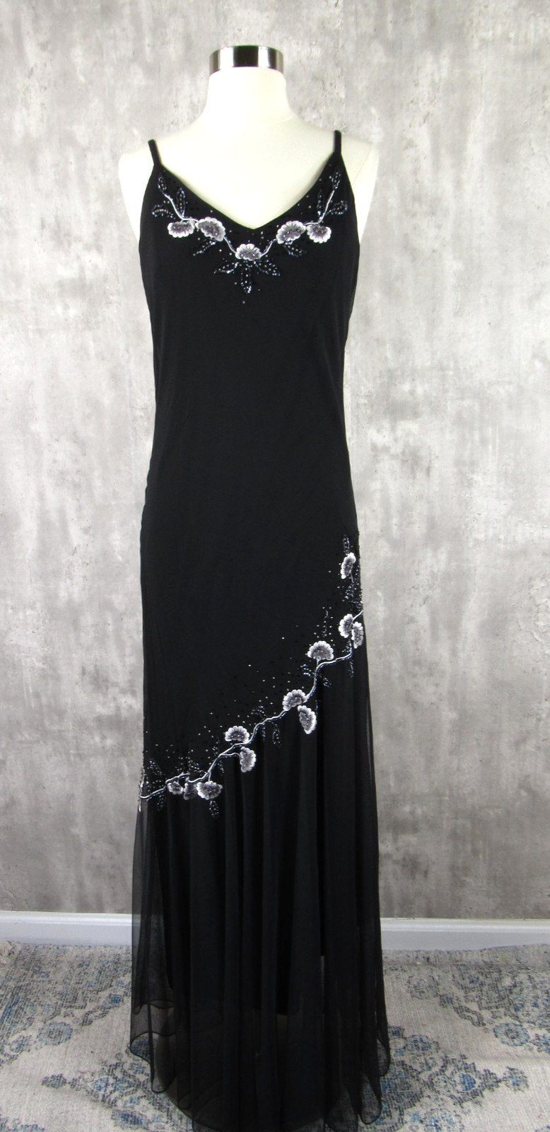 Vintage 90s XSCAPE Silk Beaded Mermaid Prom Slip Dress Bias Cut Black Sz 10