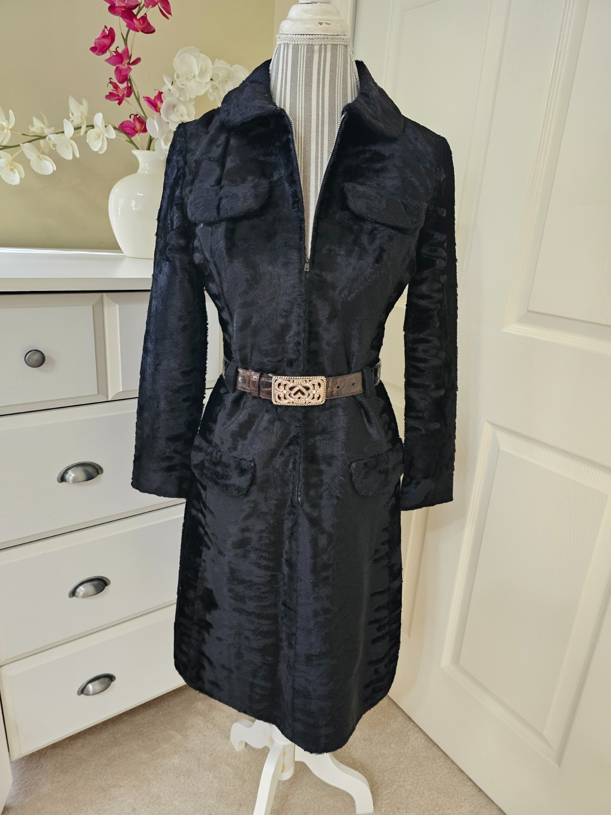 VTG 1960s Adele Simpson Womens Black Crushed Velvet Half Zip Coat Dress Sz. M
