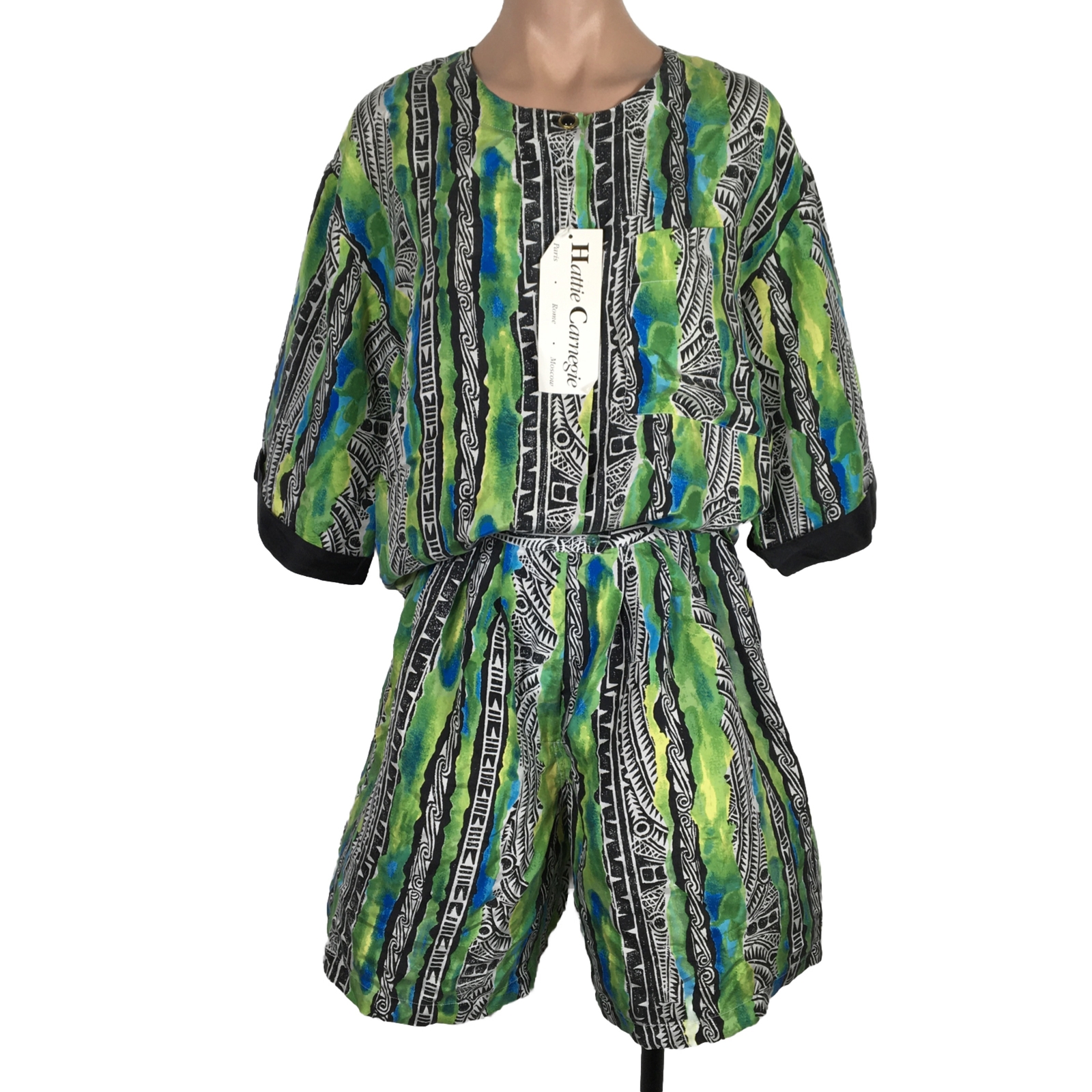 VTG 80s Geometric Short Blouse 2pc Silk Suit Hattie Carnegie Art 2 Wear M NEW