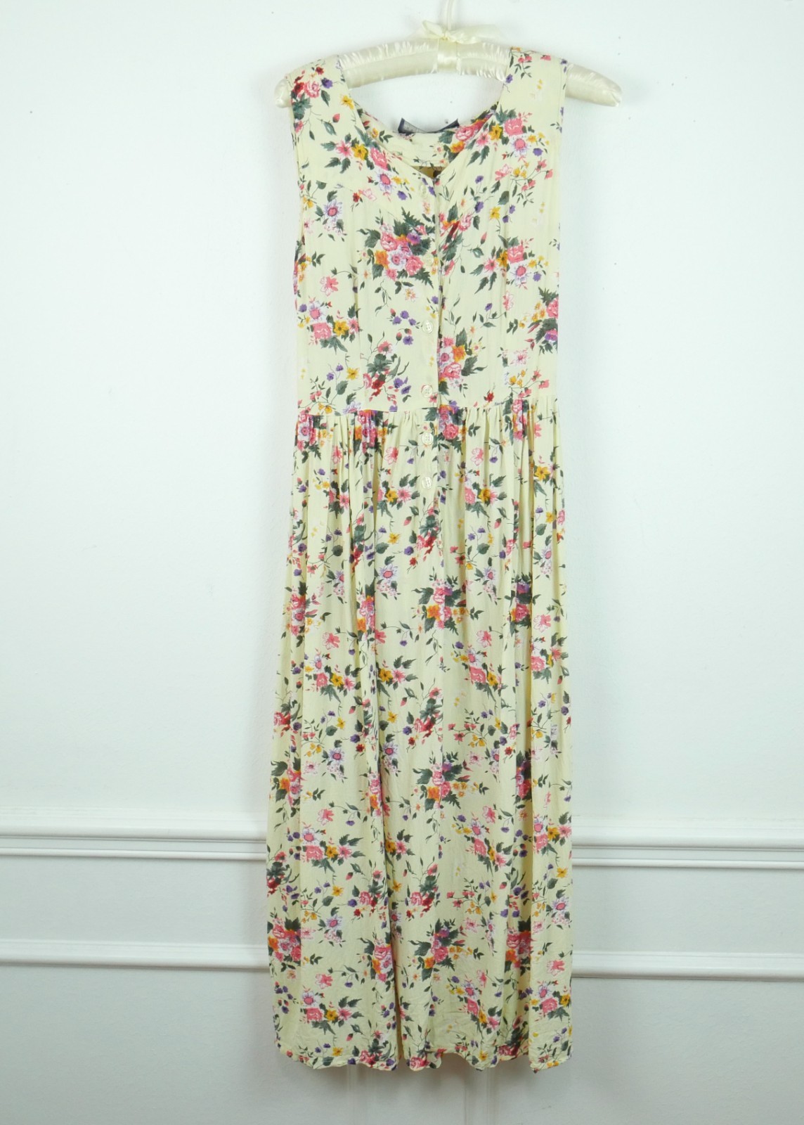 Vintage 90s Maxi Dress Butter Yellow Dainty Floral Cottagecore Tie Waist Medium