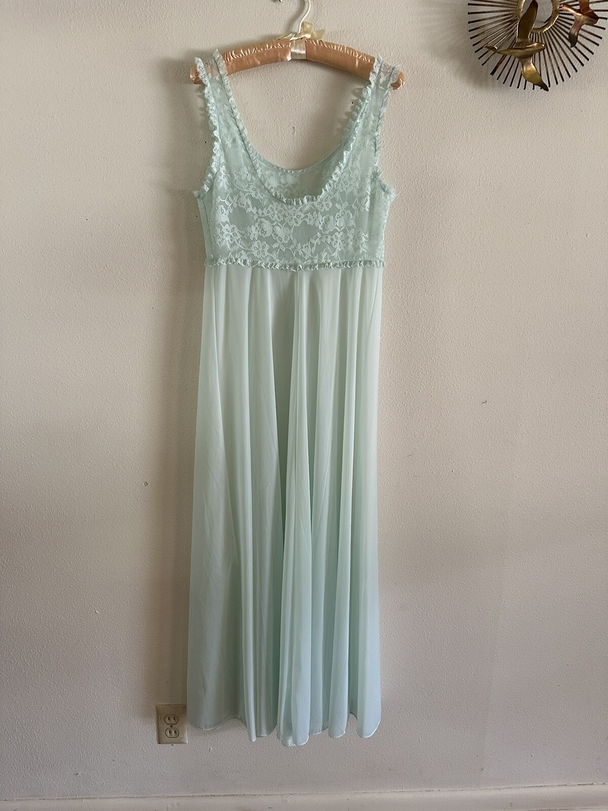 1960s Vanity Fair Mint Green Nylon Tricot Lace Nightgown Slip Dress Negligee VTG